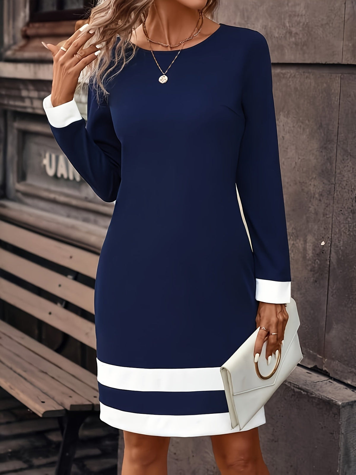Color Block Crew Neck Midi Dress - Stylish & Versatile with Long Sleeves
