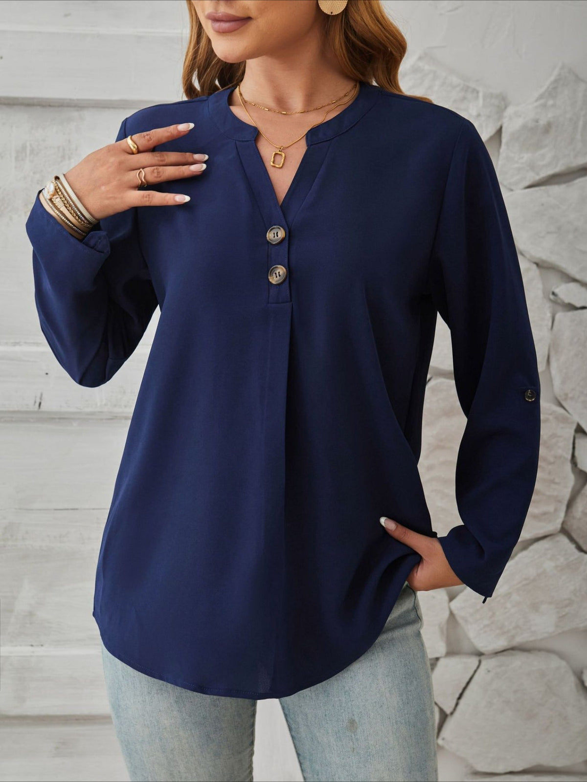 V-Neck Solid Color Comfortable Breathable Casual Long Sleeve Top