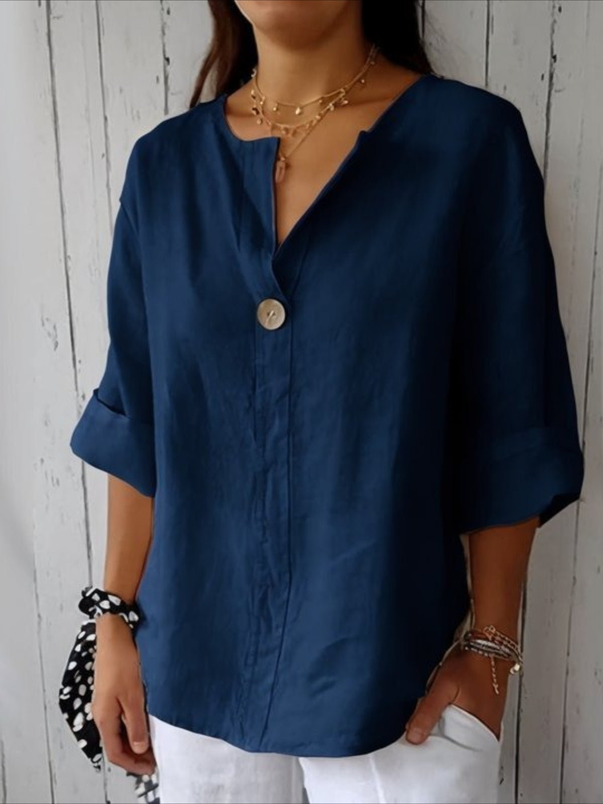 Cotton Linen Loose V Neck Casual Blouse