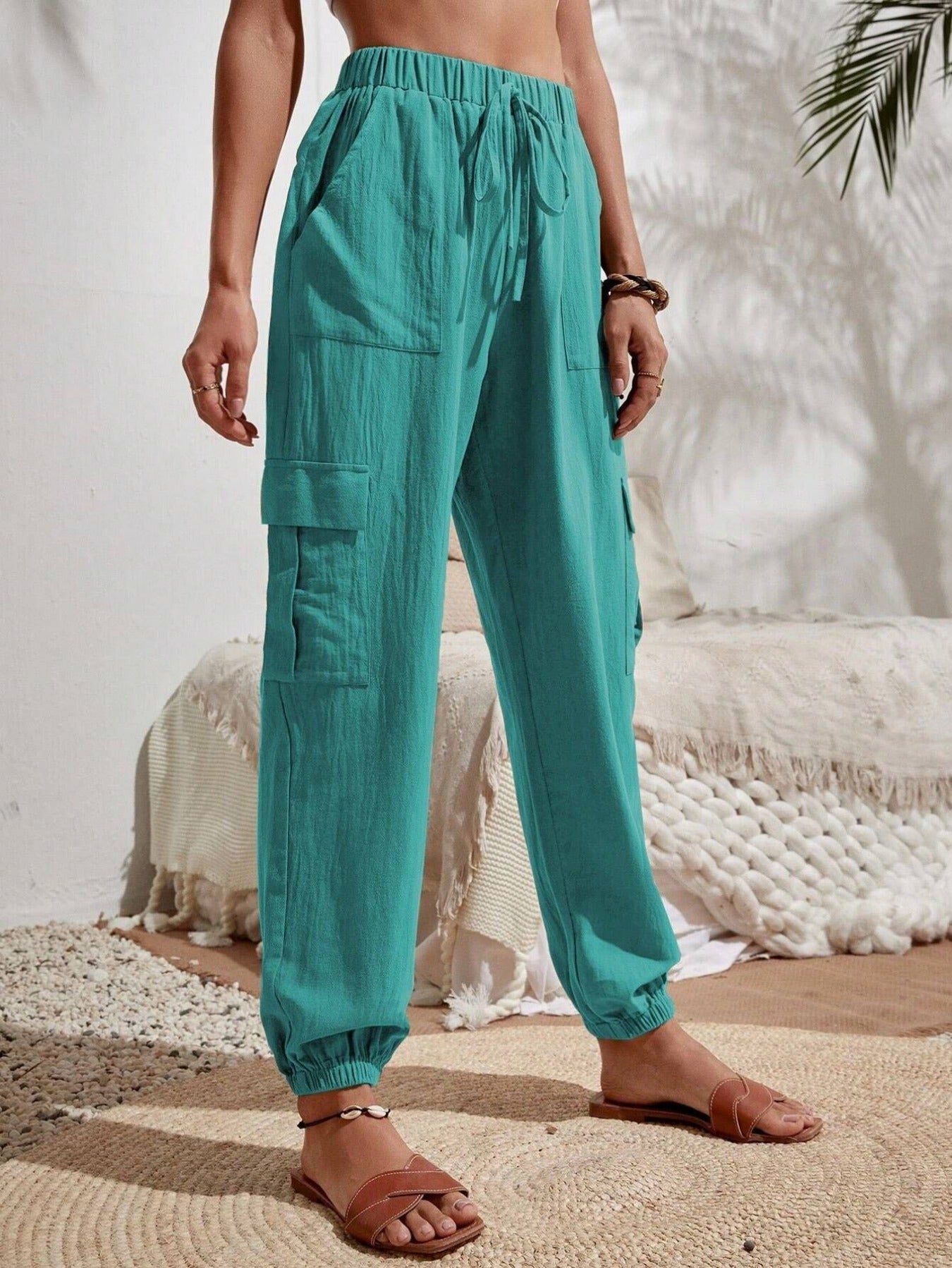 Solid Drawstring Pants, Casual Slant Pockets Cargo Pants