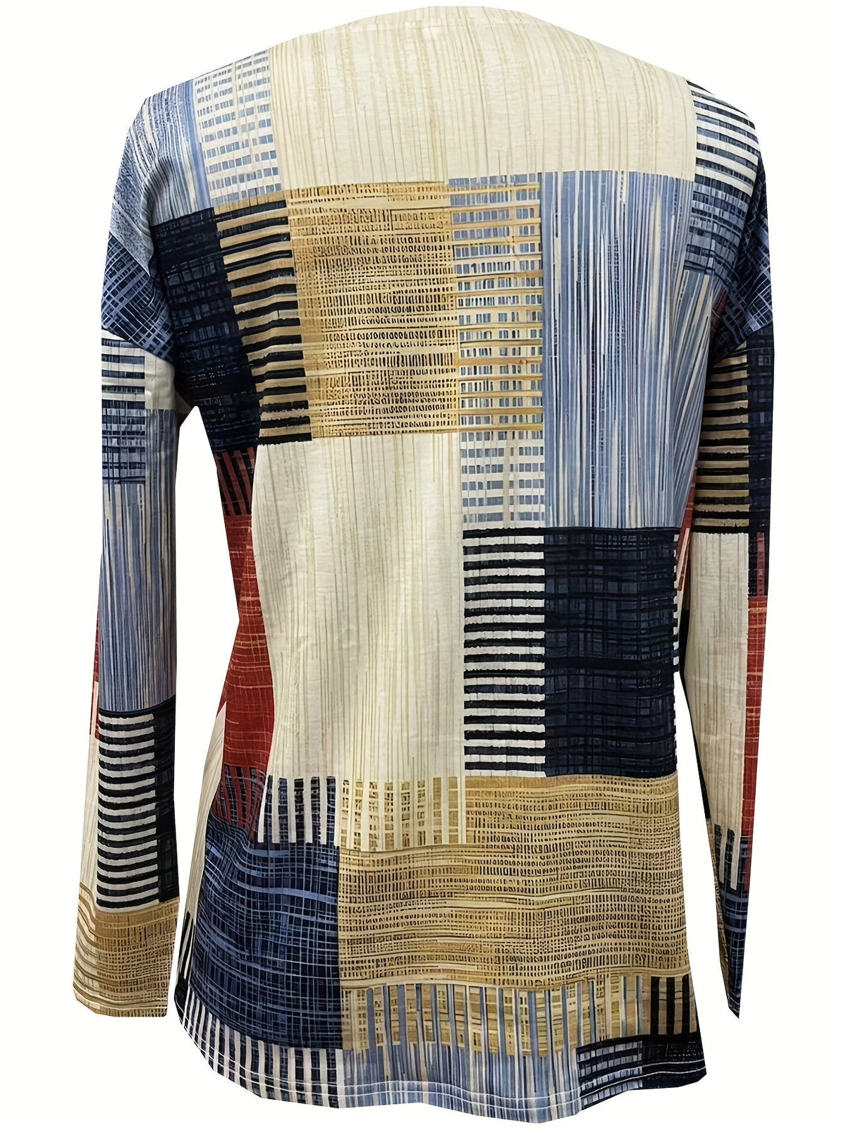 Geometric Print Crew Neck T-Shirt, Casual Color Block Long Sleeve T-Shirt