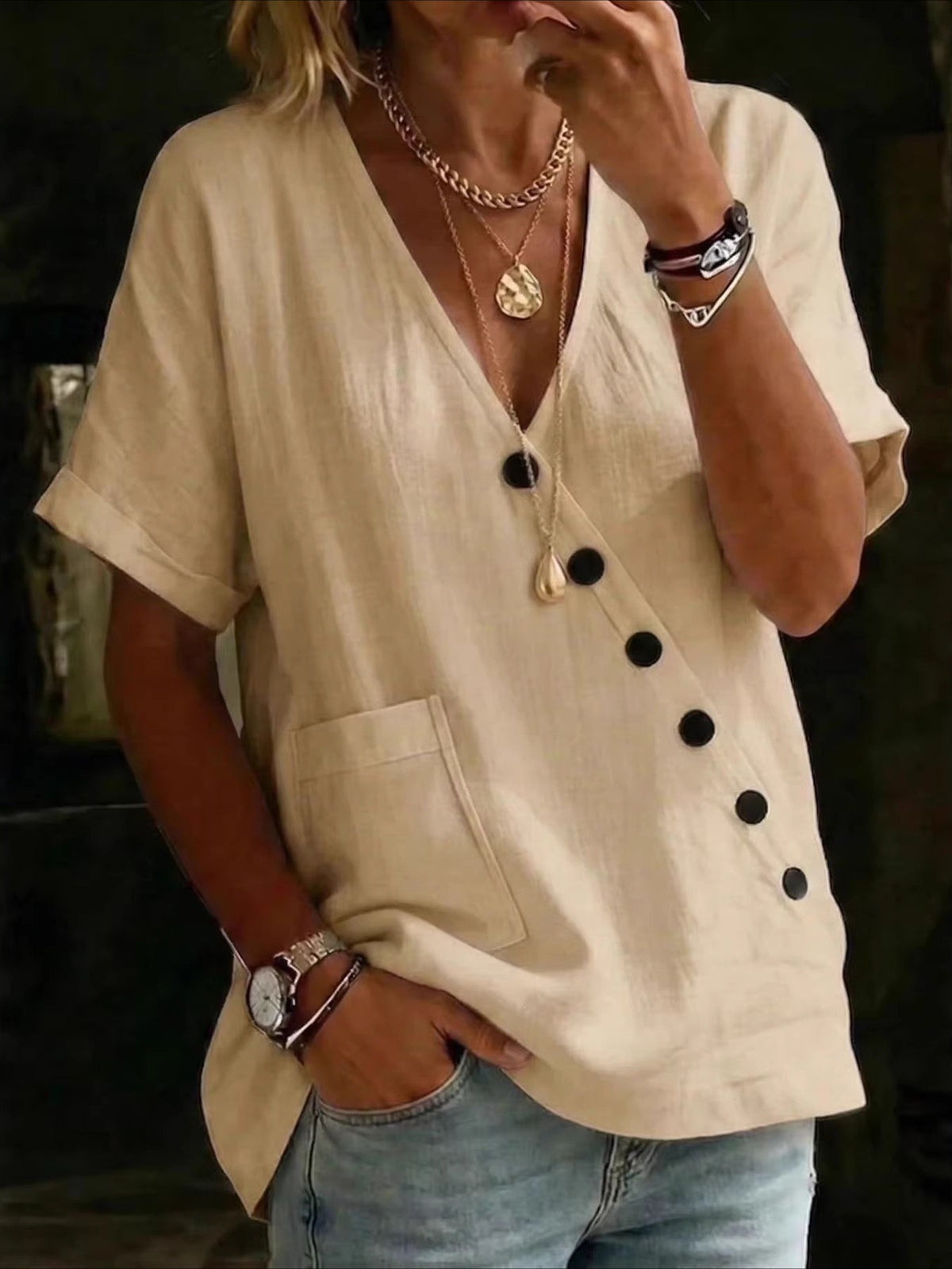 Solid Color Cotton Linen Short Sleeve V Neck Button Patch Pocket Summer Going Out Casual Shirt