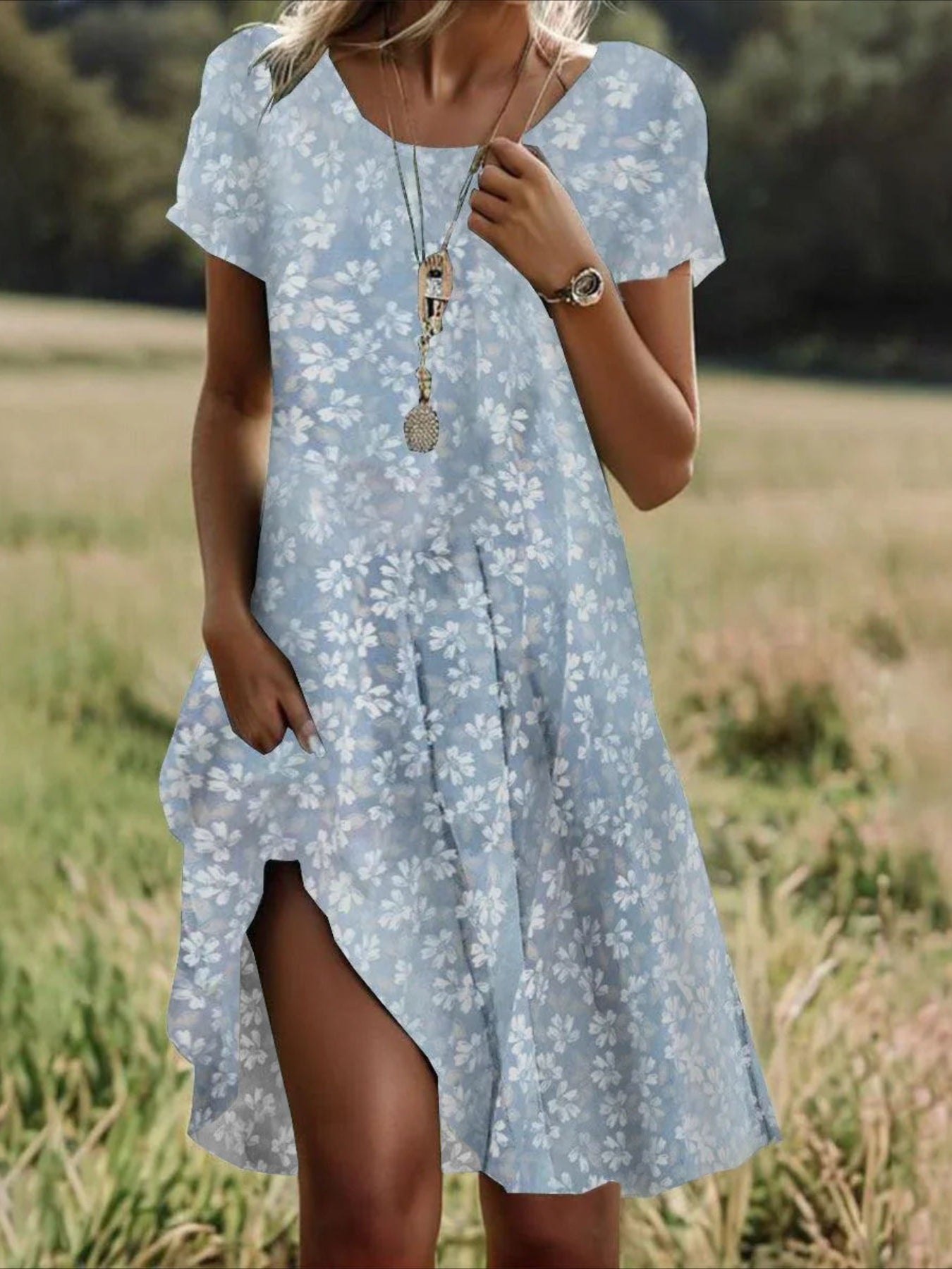 Floral Graphic Short Sleeve V Neck Mini Dress