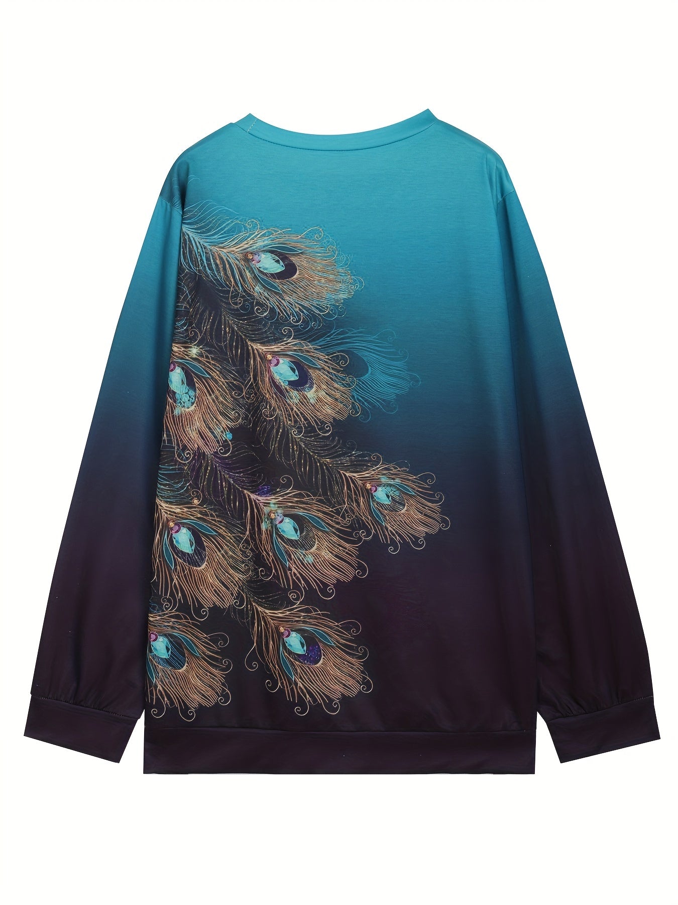 Peacock Feather Print Long Sleeve Round Neck Sweatshirt