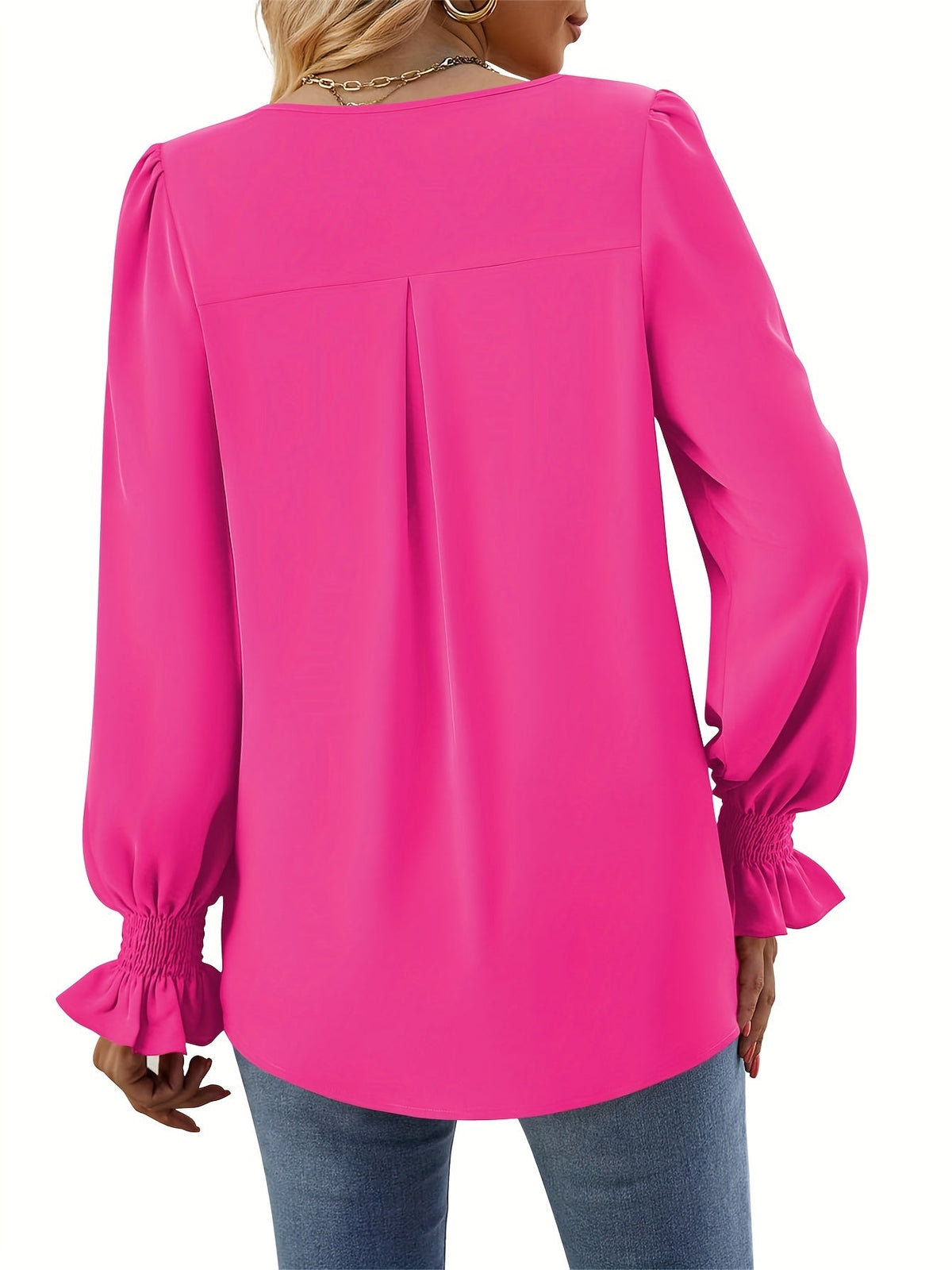 Solid V Neck Simple Blouse, Elegant Long Sleeve Ruched Blouse