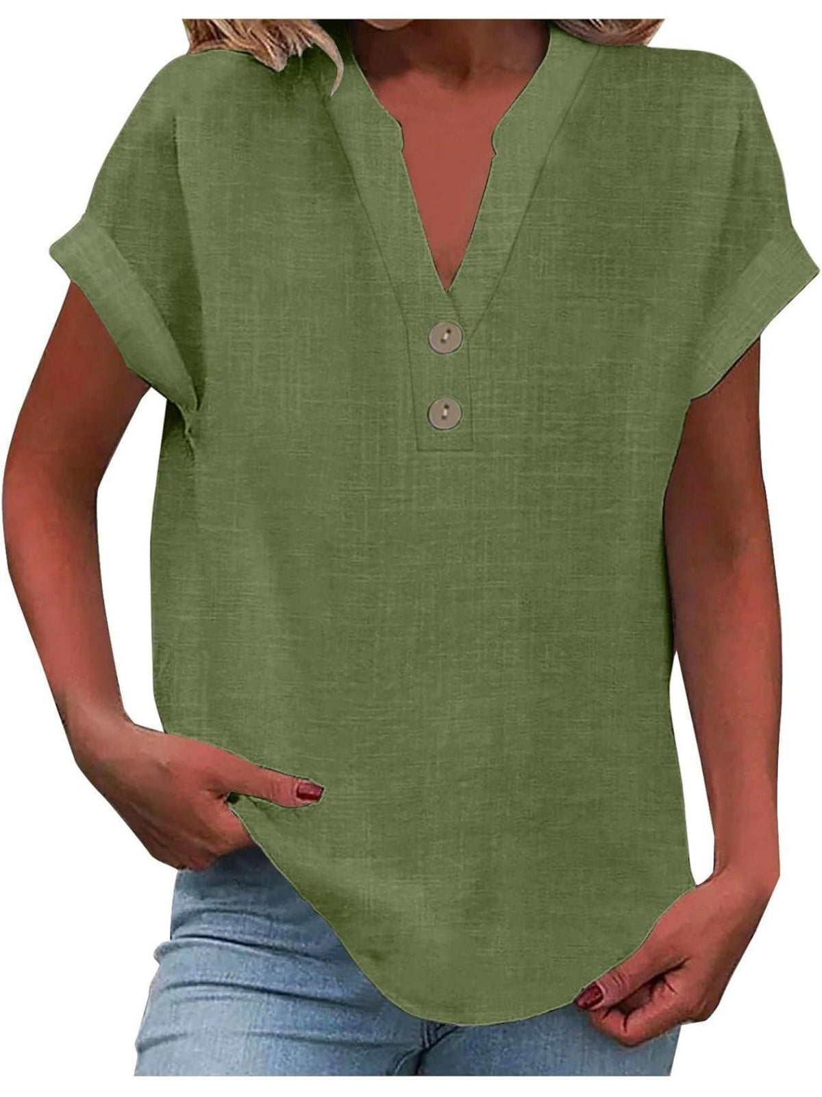 Solid Color V Neck Short Sleeve Button Down T Shirts