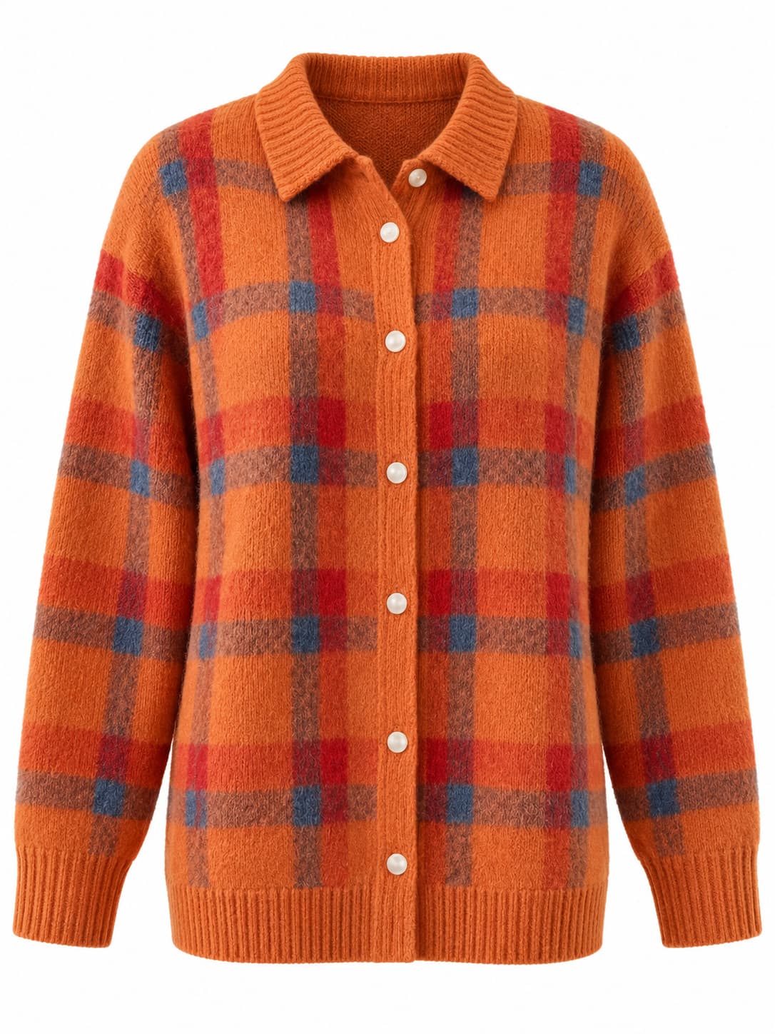Plaid Collared Button-Up Knit Cardigan