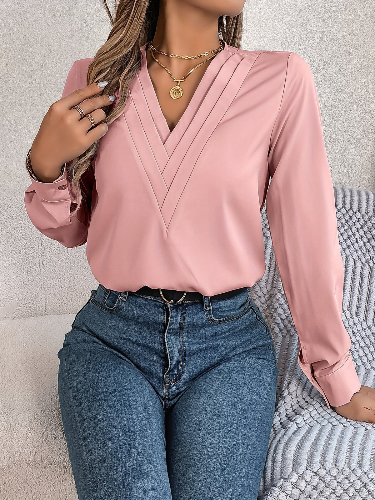 Solid Color V Neck Blouse, Elegant Long Sleeve Blouse