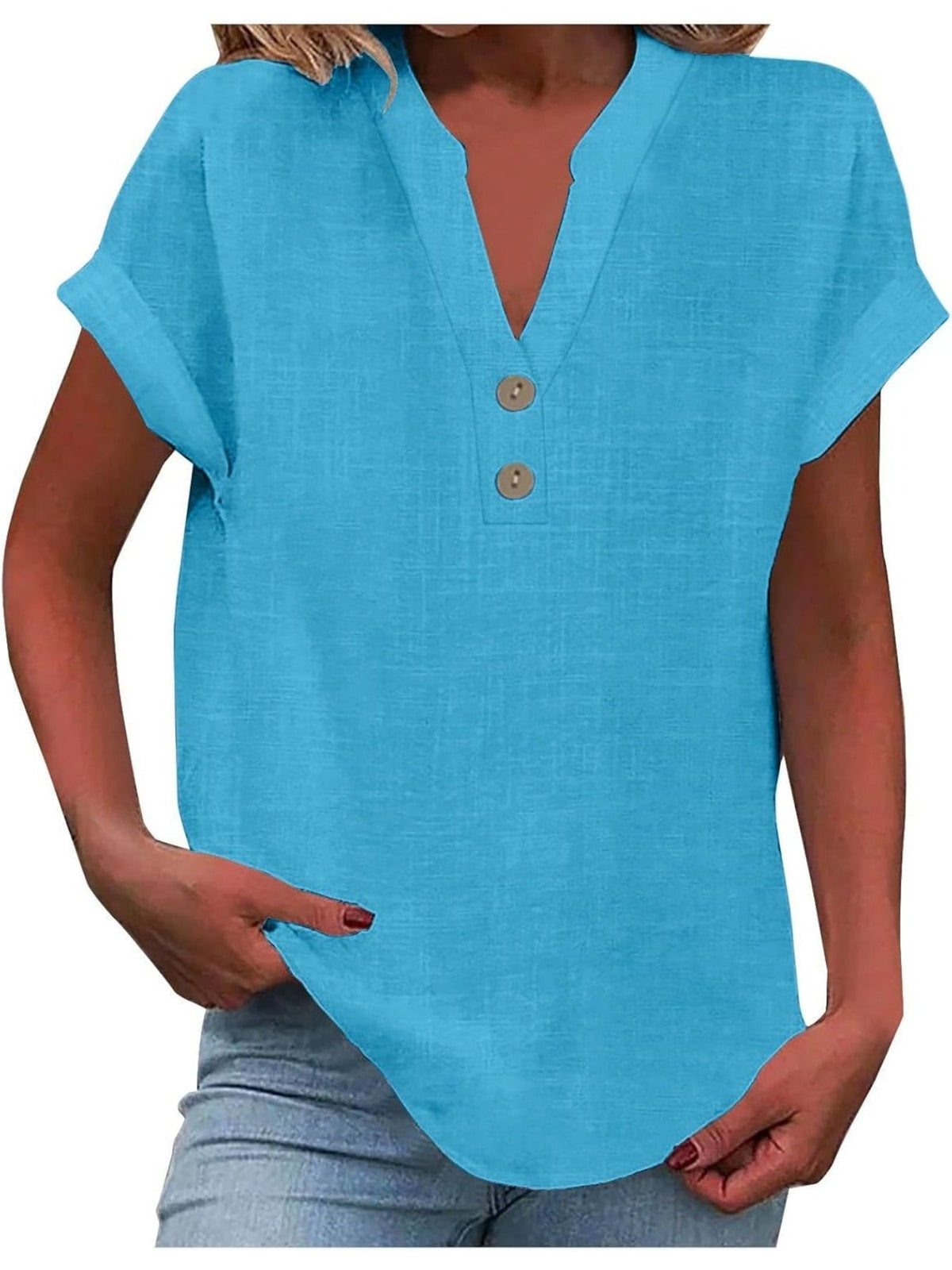 Solid Color V Neck Short Sleeve Button Down T Shirts