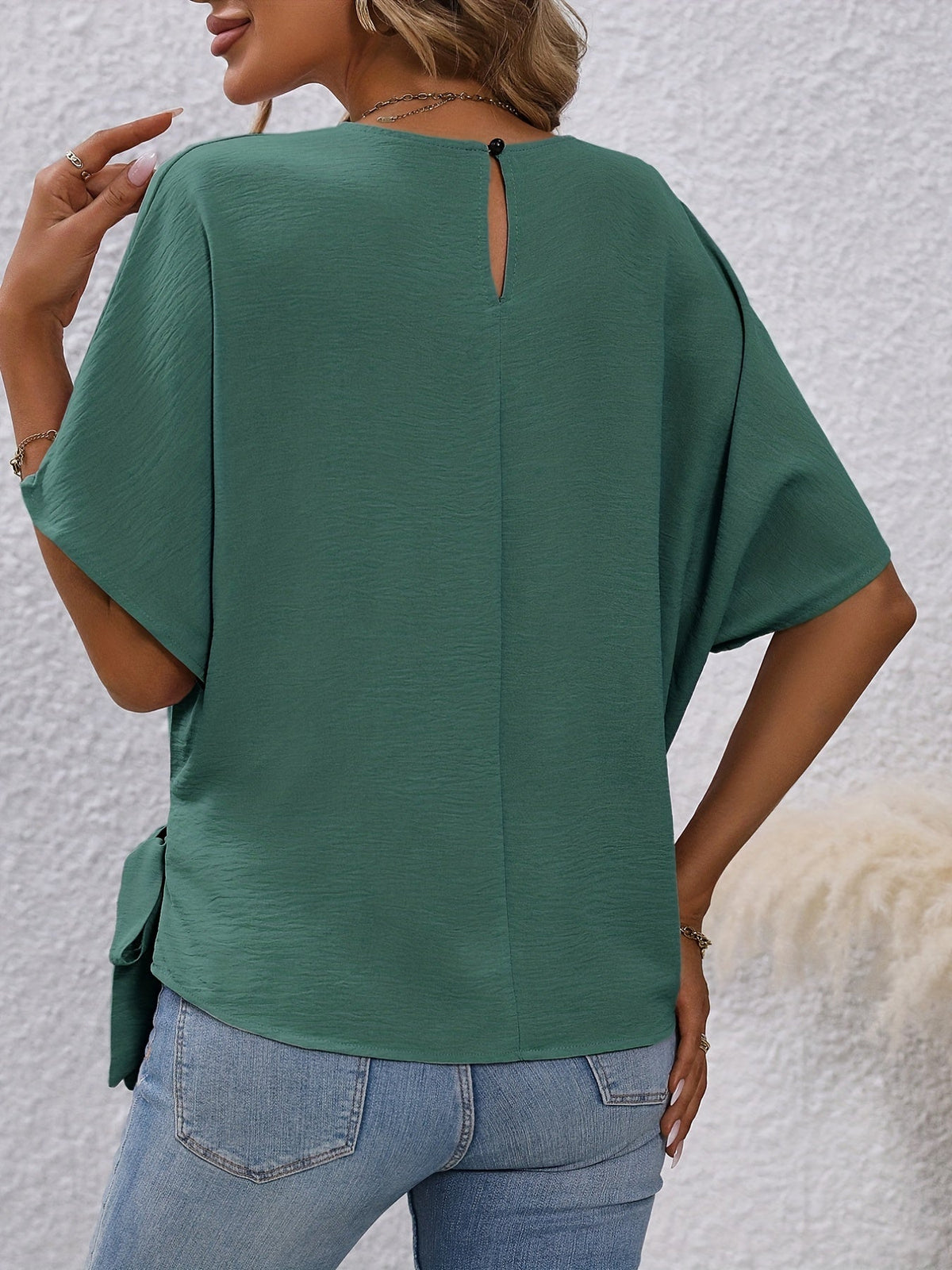 Stylish Solid Knotted Blouse - Comfortable Casual Crew Neck Asymmetrical Top