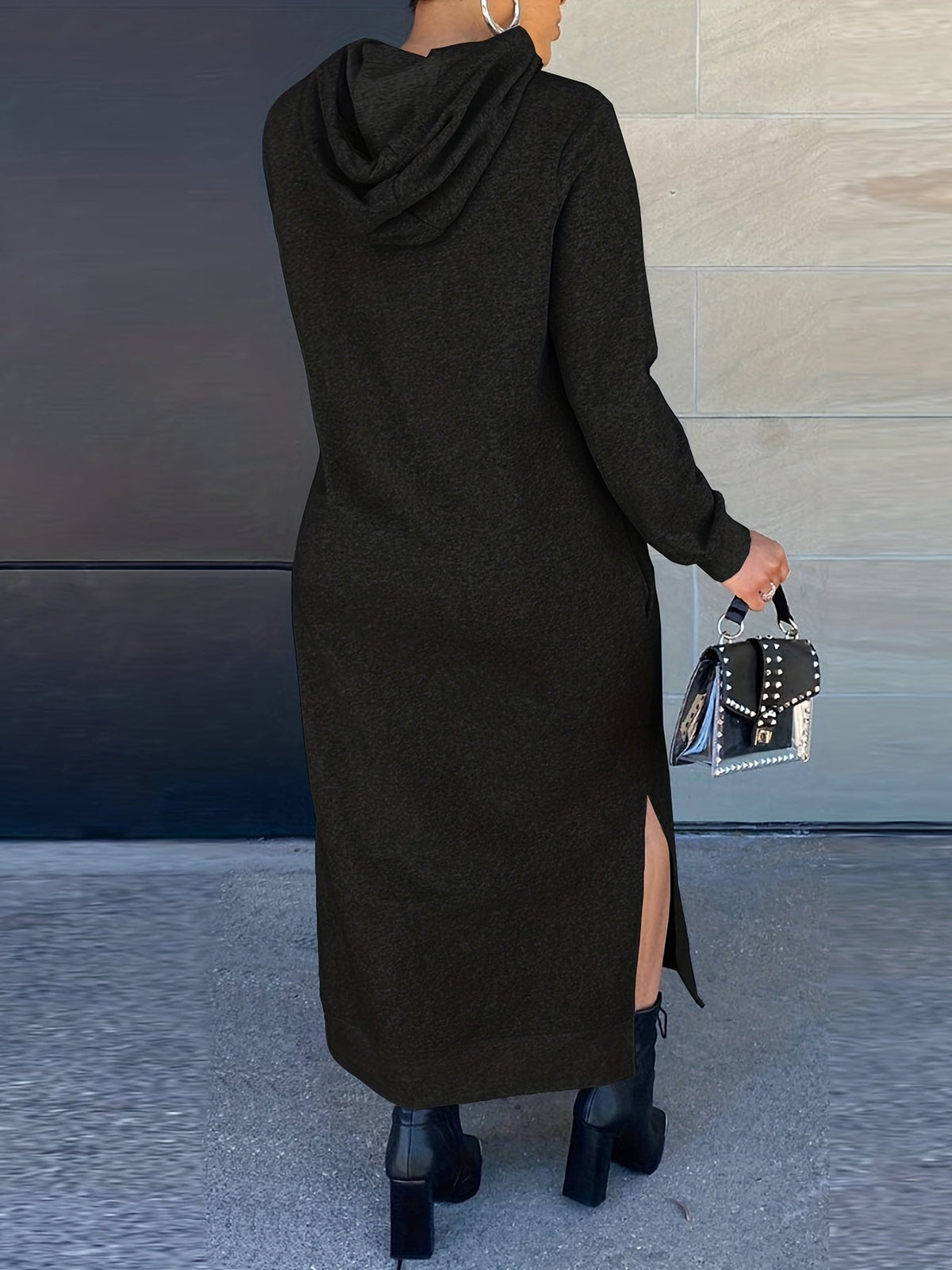Drawstring Split Dress, Casual Hooded Long Sleeve Maxi Dress