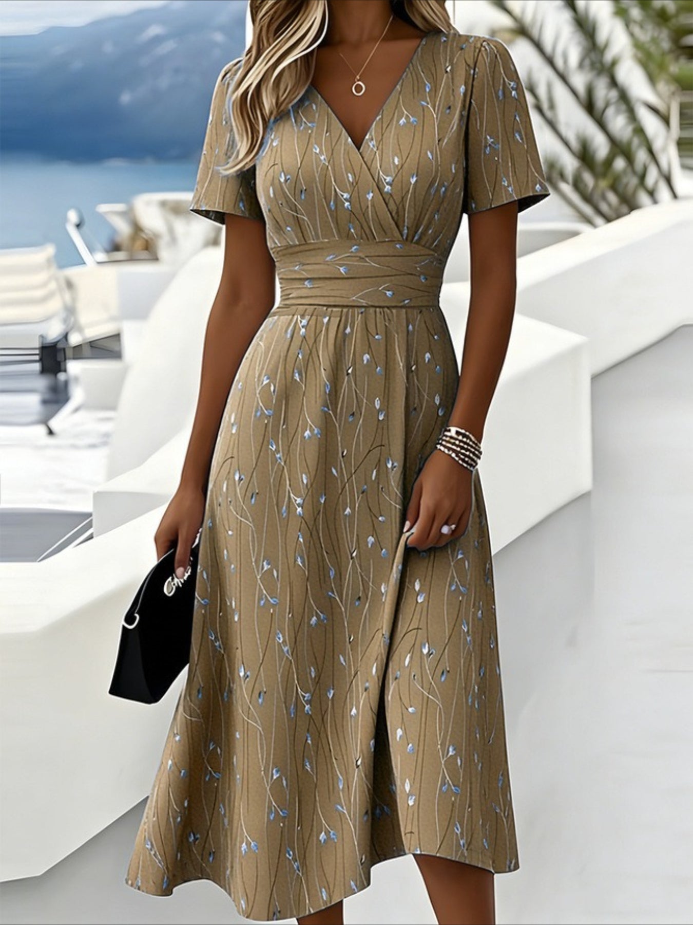 Leaf Summer V Neck Short Sleeve Beach A-Line Dress