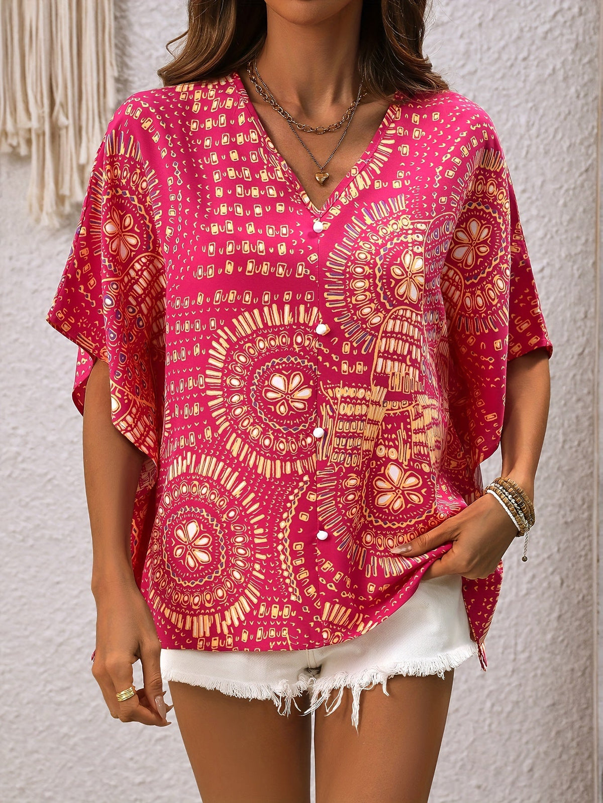 Mandala Print V-neck Blouse, Vacation Style Batwing Sleeve Top