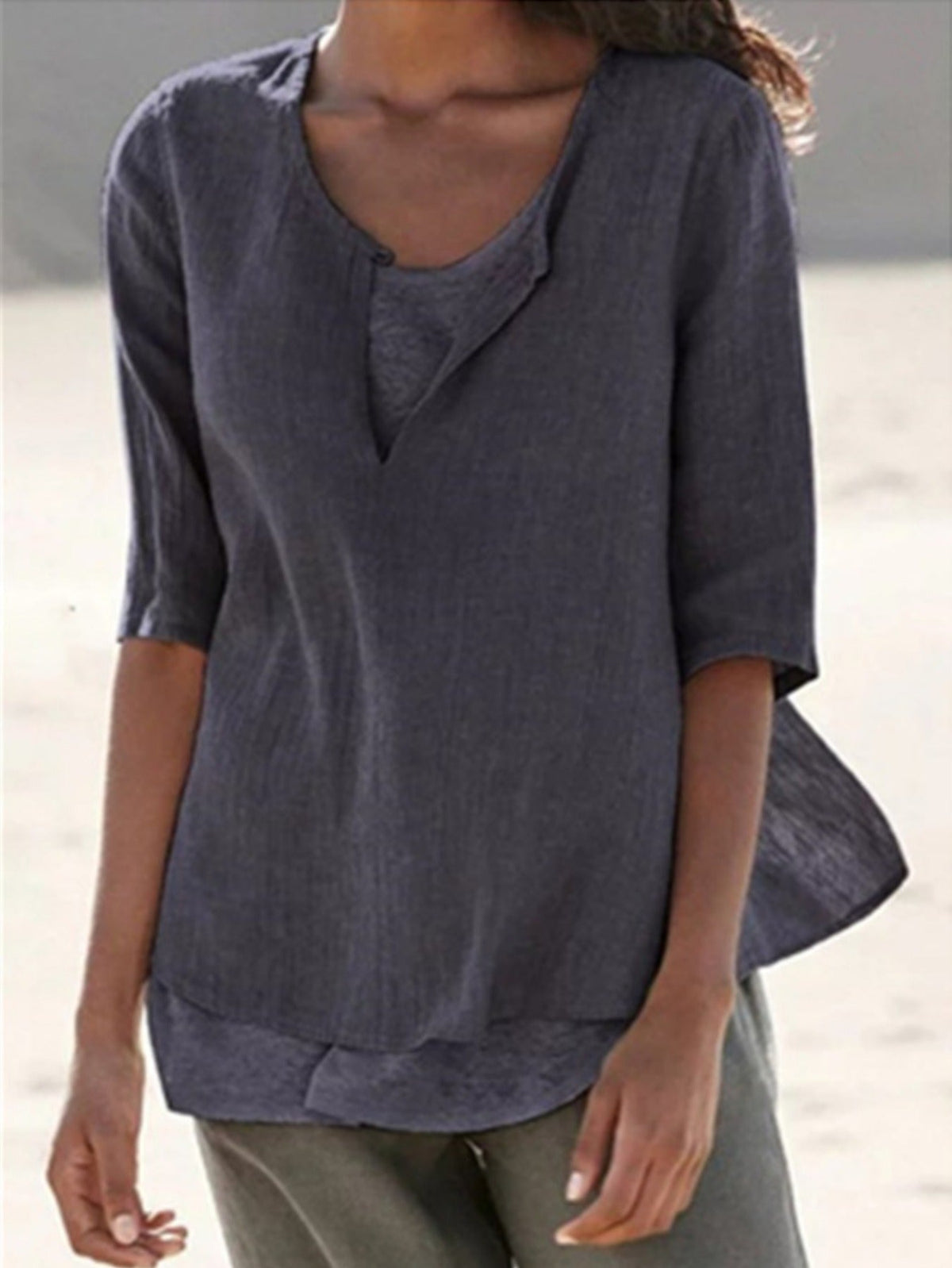 Solid Color Crew Neck Front Slit Stylish Pullover Top