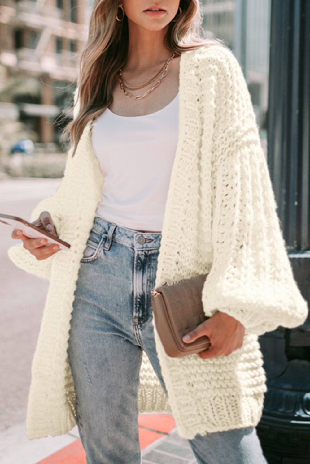 White Chunky Oversize Knit Drop Shoulder Puff Sleeve Cardigan