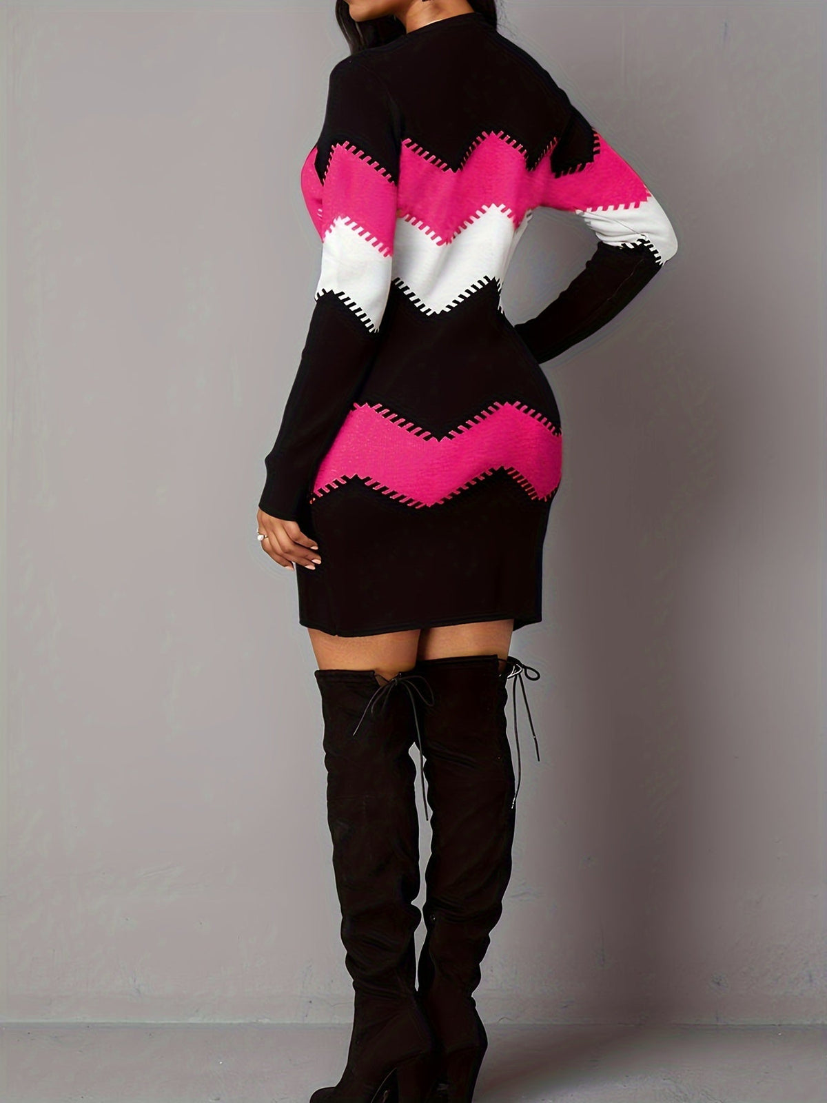 Casual Dress, Women's Colorblock Stripe Print Long Sleeve Round Neck Dress