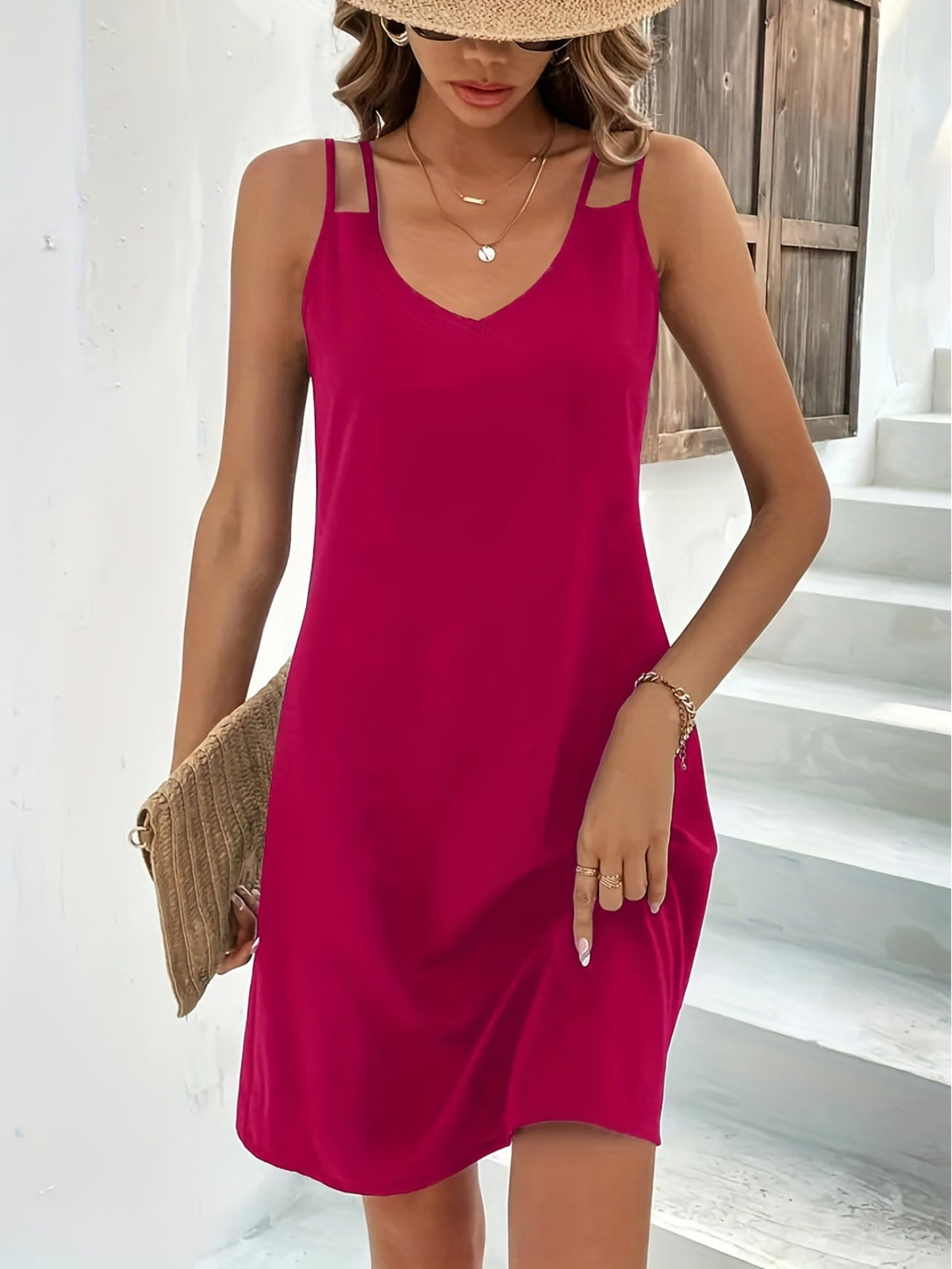Solid Split Strap V Neck Medium Stretch Dress