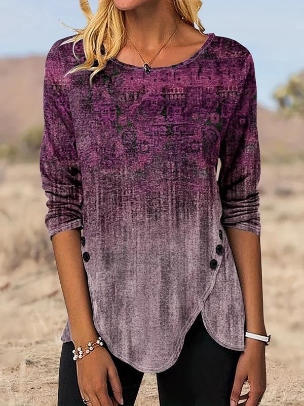 Graphic Print Buttons Front T-Shirt, Casual Long Sleeve Asymmetrical Hem T-Shirt