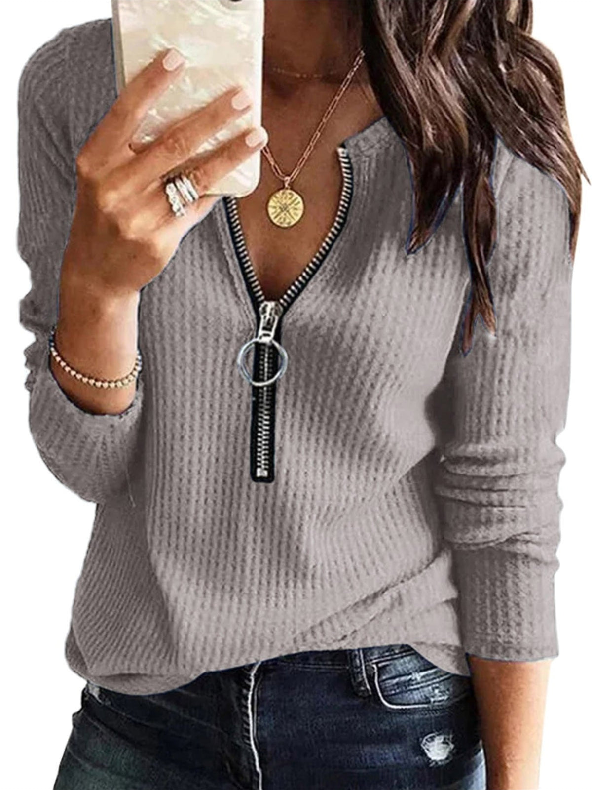 Long Sleeve Ribbed T-Shirt, Casual Zip Front Top