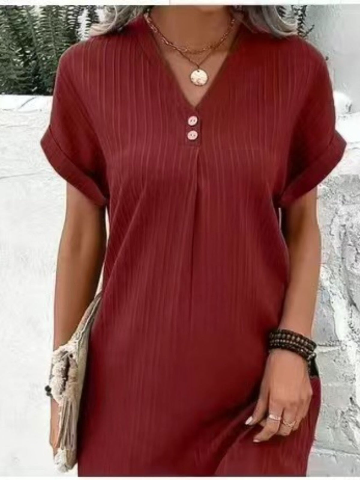 Button Decor V Neck Dress, Elegant Short Sleeve Dress
