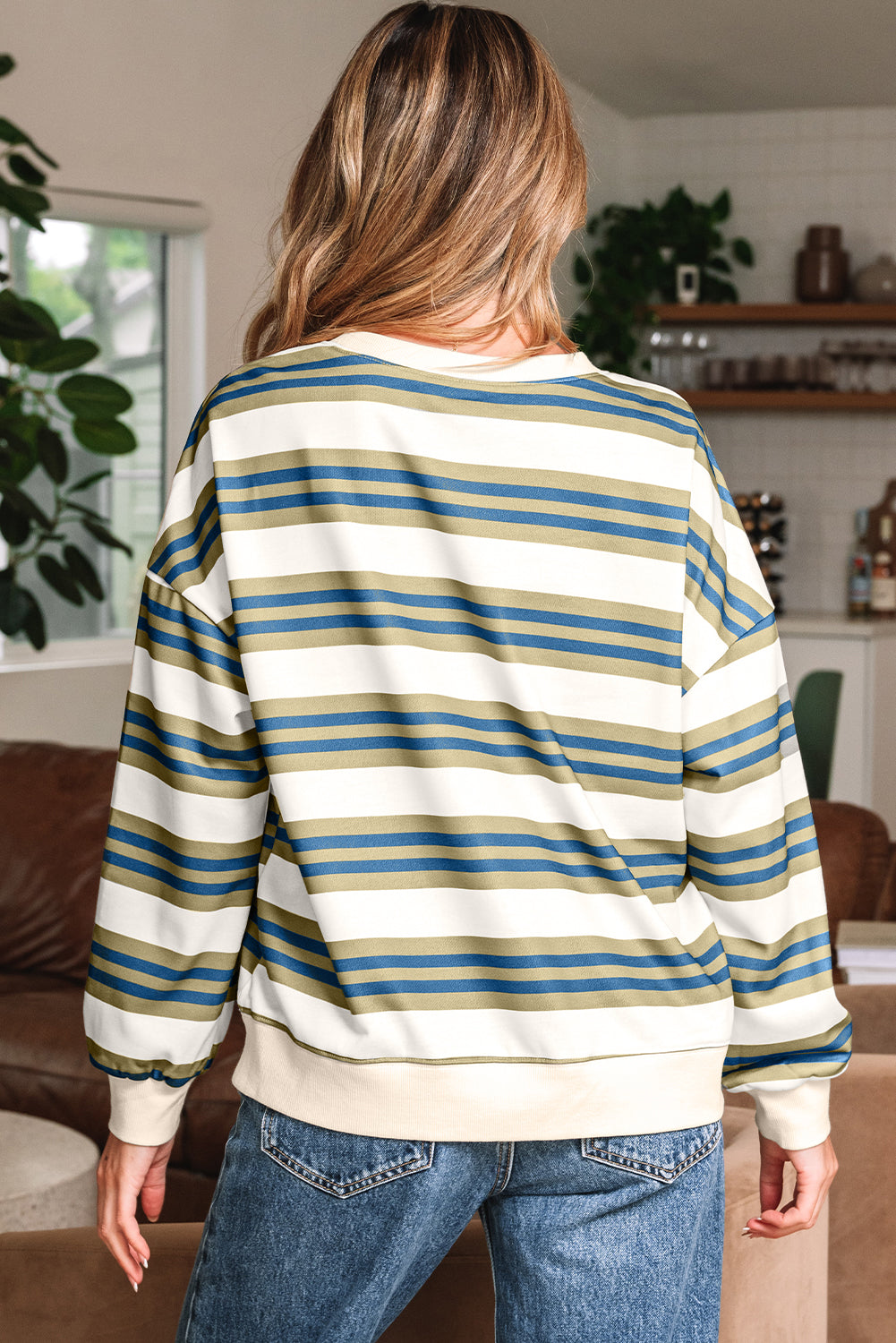 Khaki Stripe Crew Neck Drop Shoulder Pullover Sweatshirt