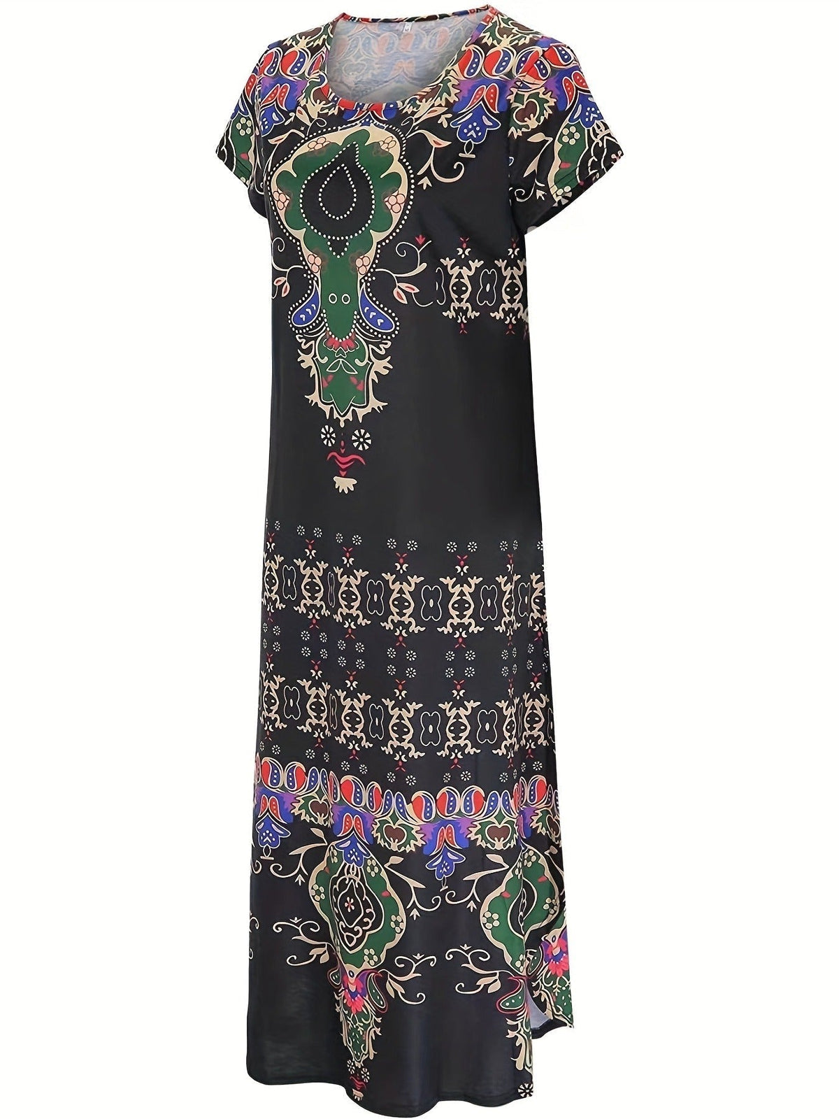 Boho Paisley Print Crew Neck Dress, Casual Short Sleeve Dress