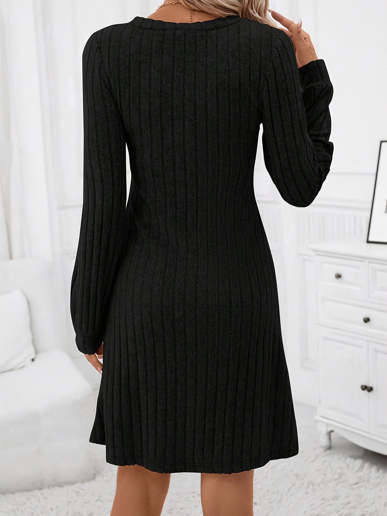 Elegant Ribbed V Neck Dress - Stylish Long Sleeves, Flattering V Neckline, Soft Ribbed Texture