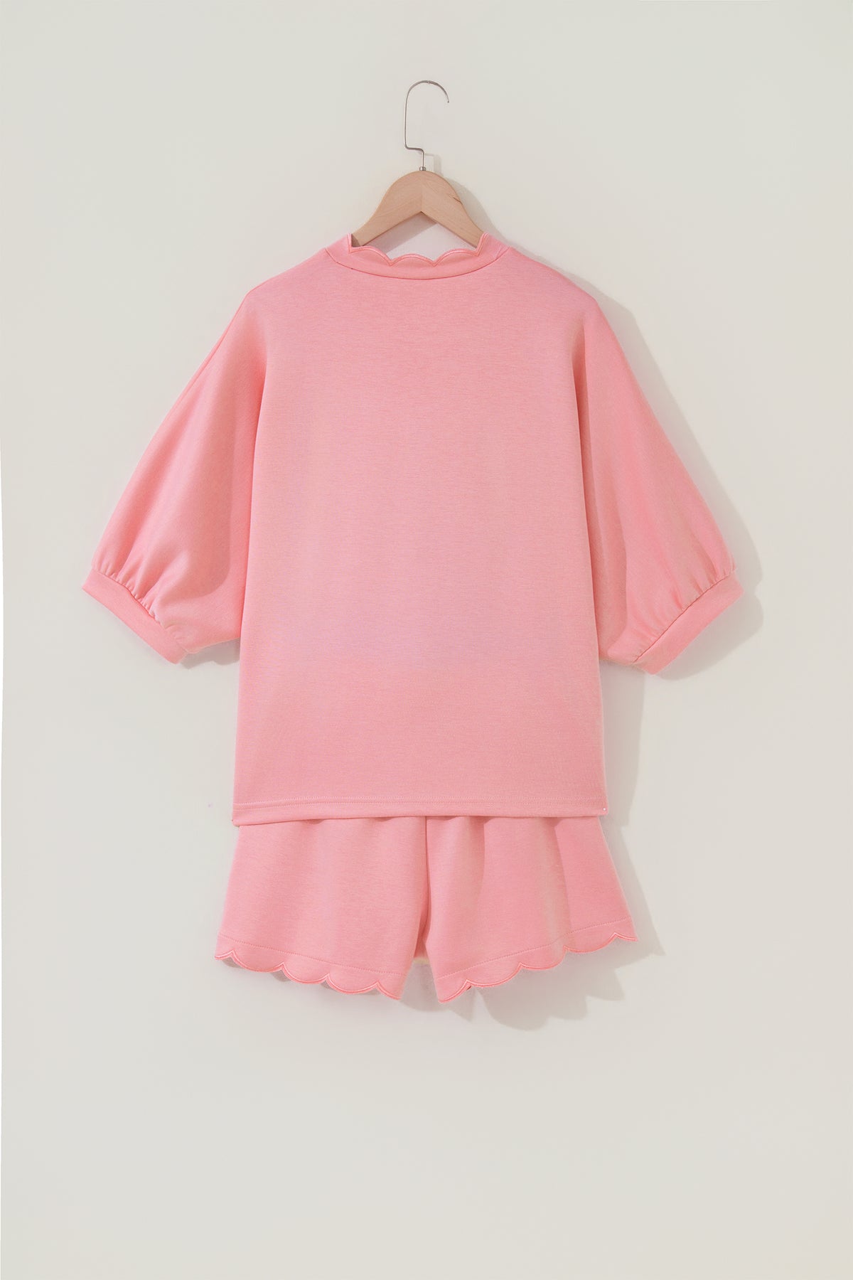 Gossamer Pink Scalloped V Neck Dolman Oversize Top Drawstring Short Set