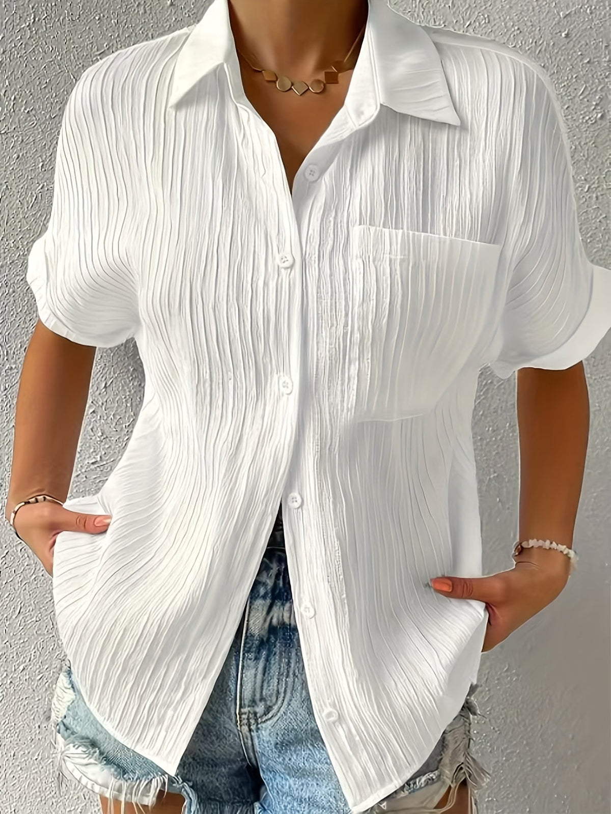 Women's Solid Button Front Casual Lapel Short Sleeve Everyday Shirt