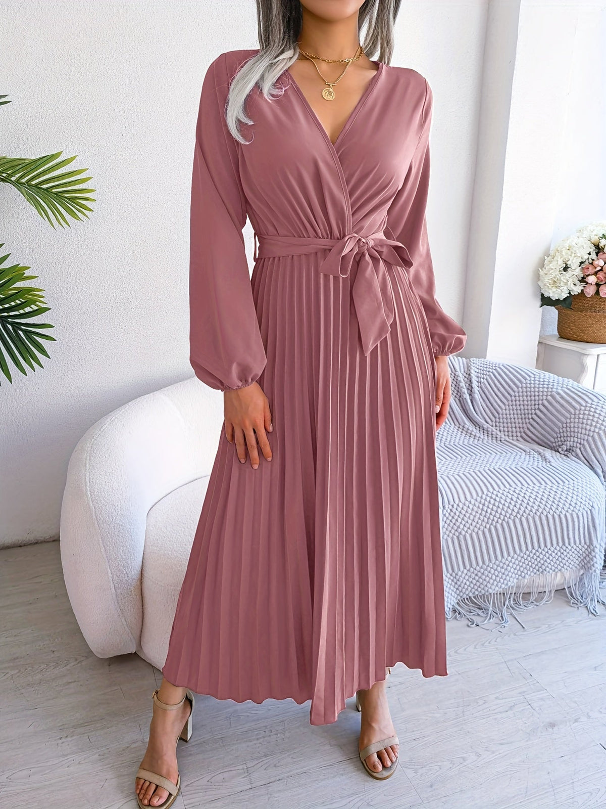 Pleated Surplice Neck Dress, Elegant Long Sleeve Solid Dress, Women's Clothing