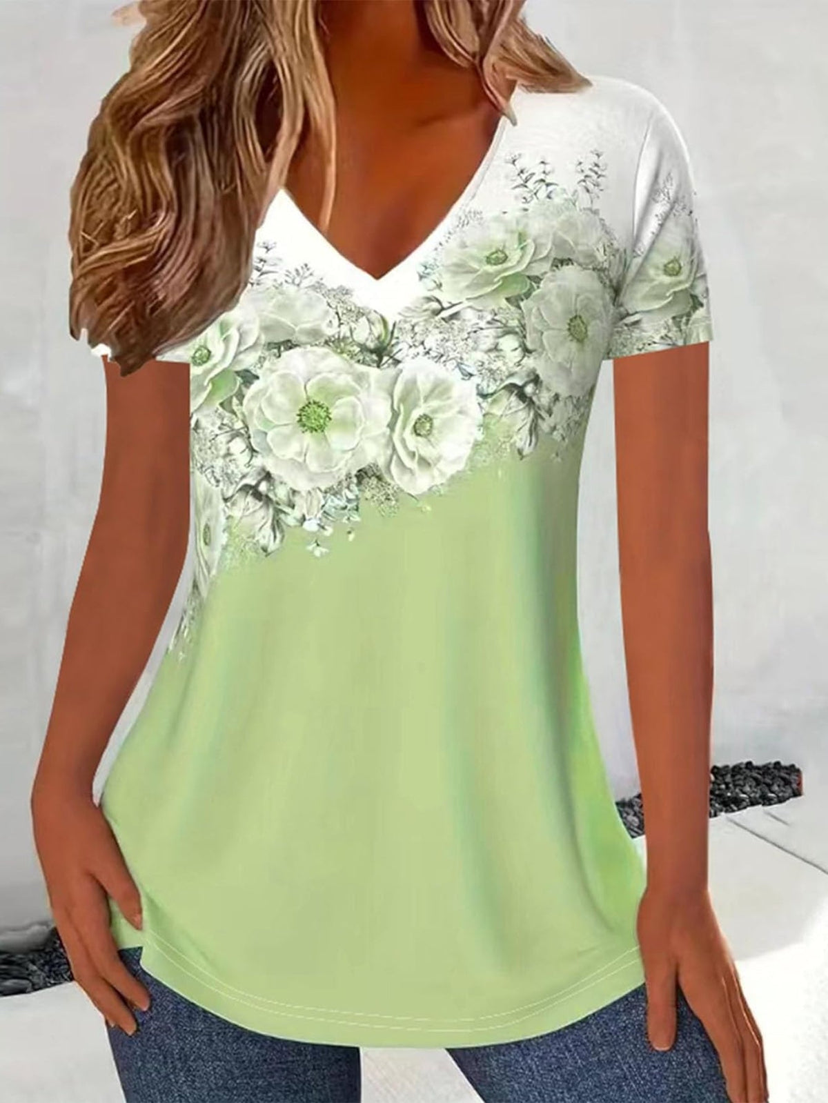 V Neck Short Sleeve Cute Print Graphic Tees