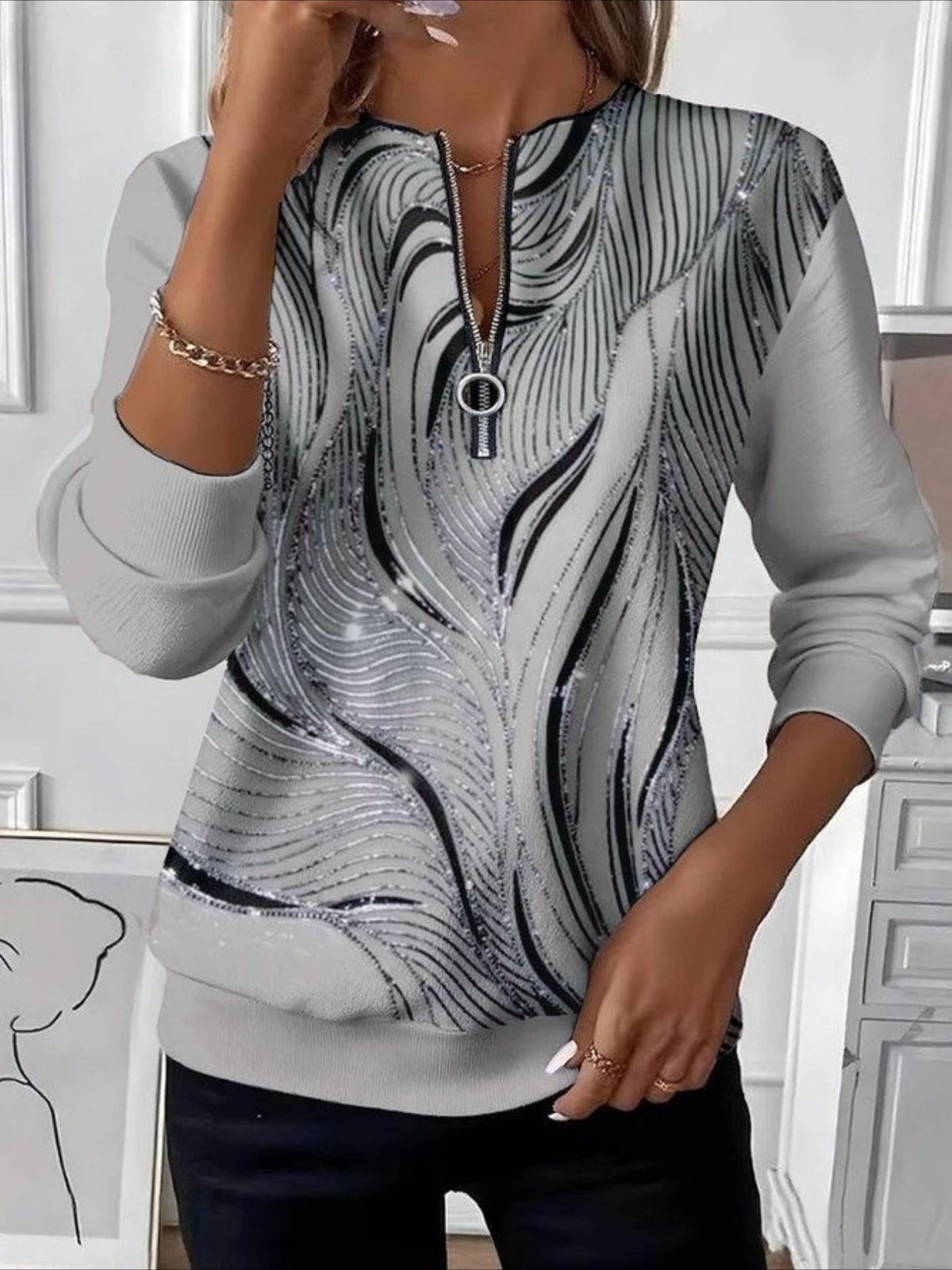 Retro Art Graphic Design Long Sleeve Center Front Zip Sweatshirt