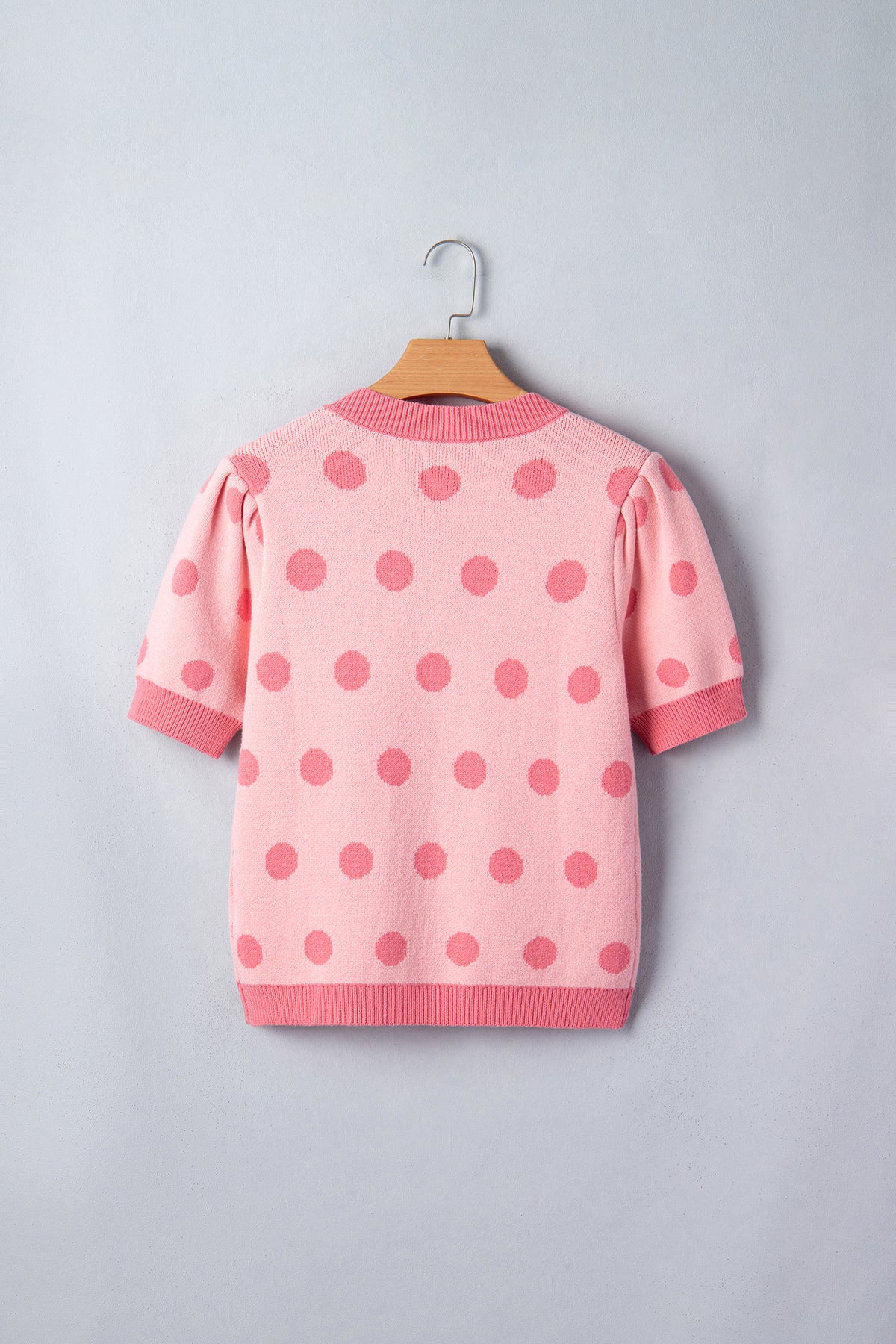 Rose Red Polka Dot Puff Short Sleeve Sweater Top