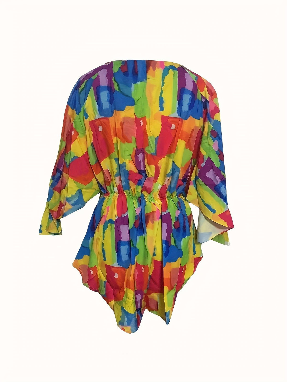 Full Printed V Neck Dress, Casual Tie Waist Batwing Sleeve Dress