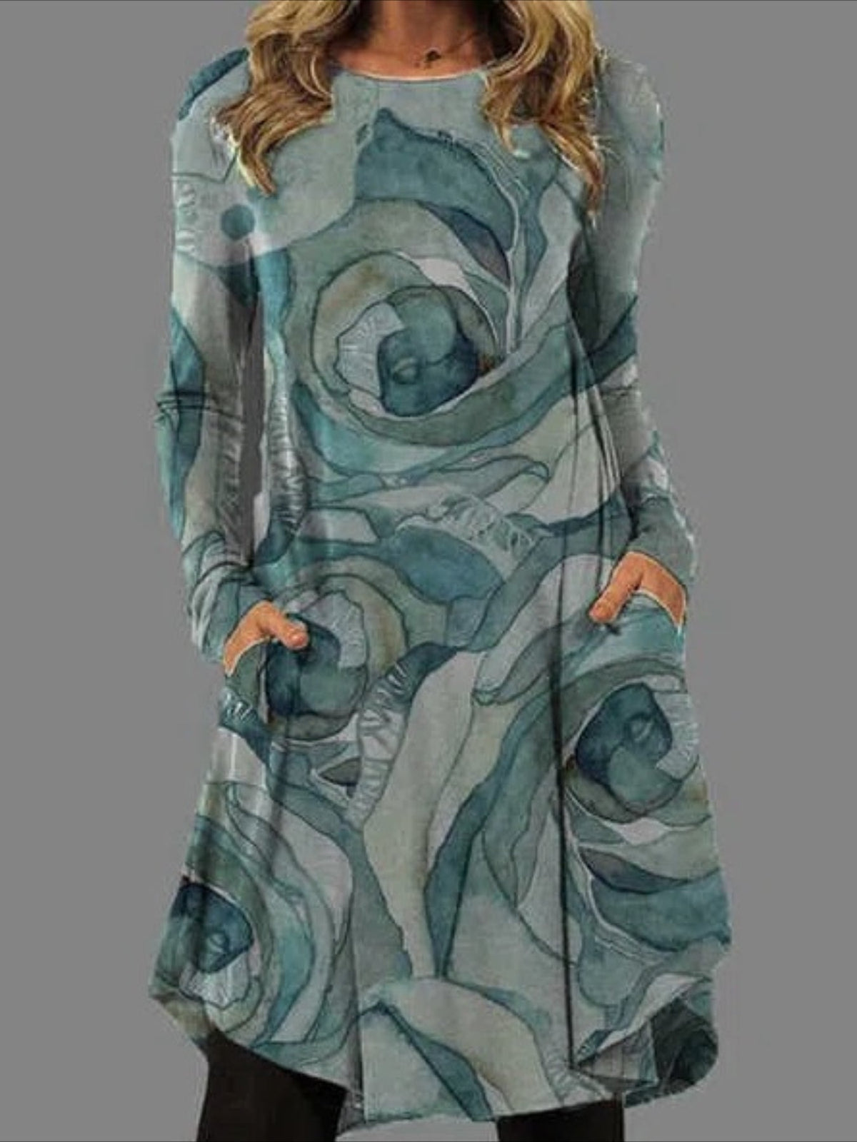 Graphic Print Dress with Long Sleeves and Pockets - Casual and Comfortable