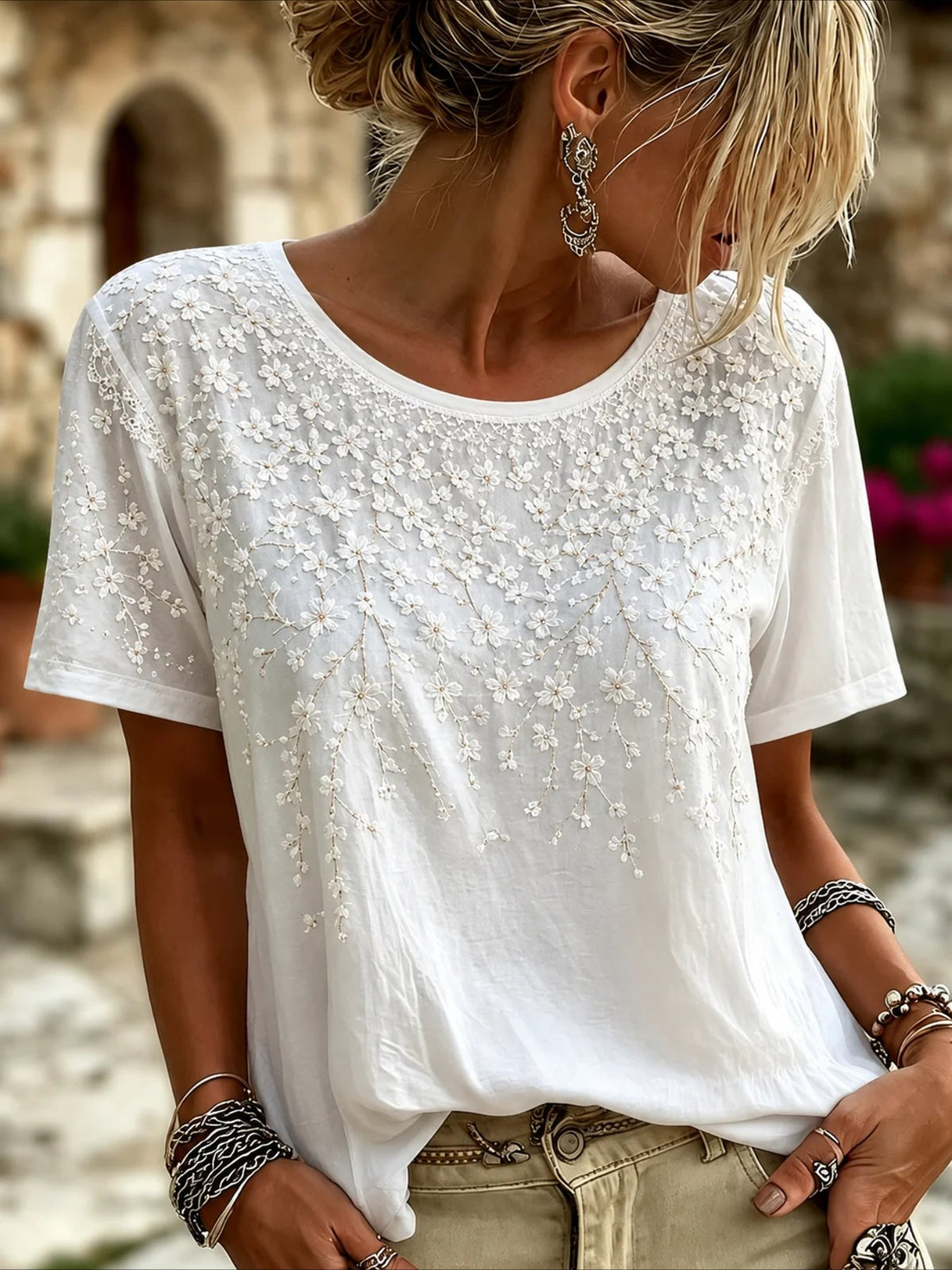 Floral Print Crew Neck Short Sleeve Top