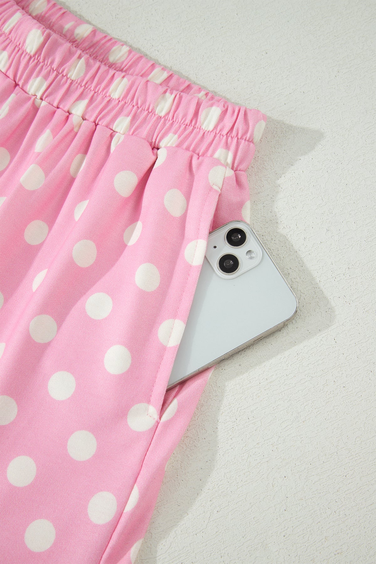Pink Polka Dot Print Color Block Trim Mock Neck Short Set