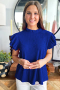Dark Blue Solid Color Textured Ruffle Trim Short Sleeve Blouse