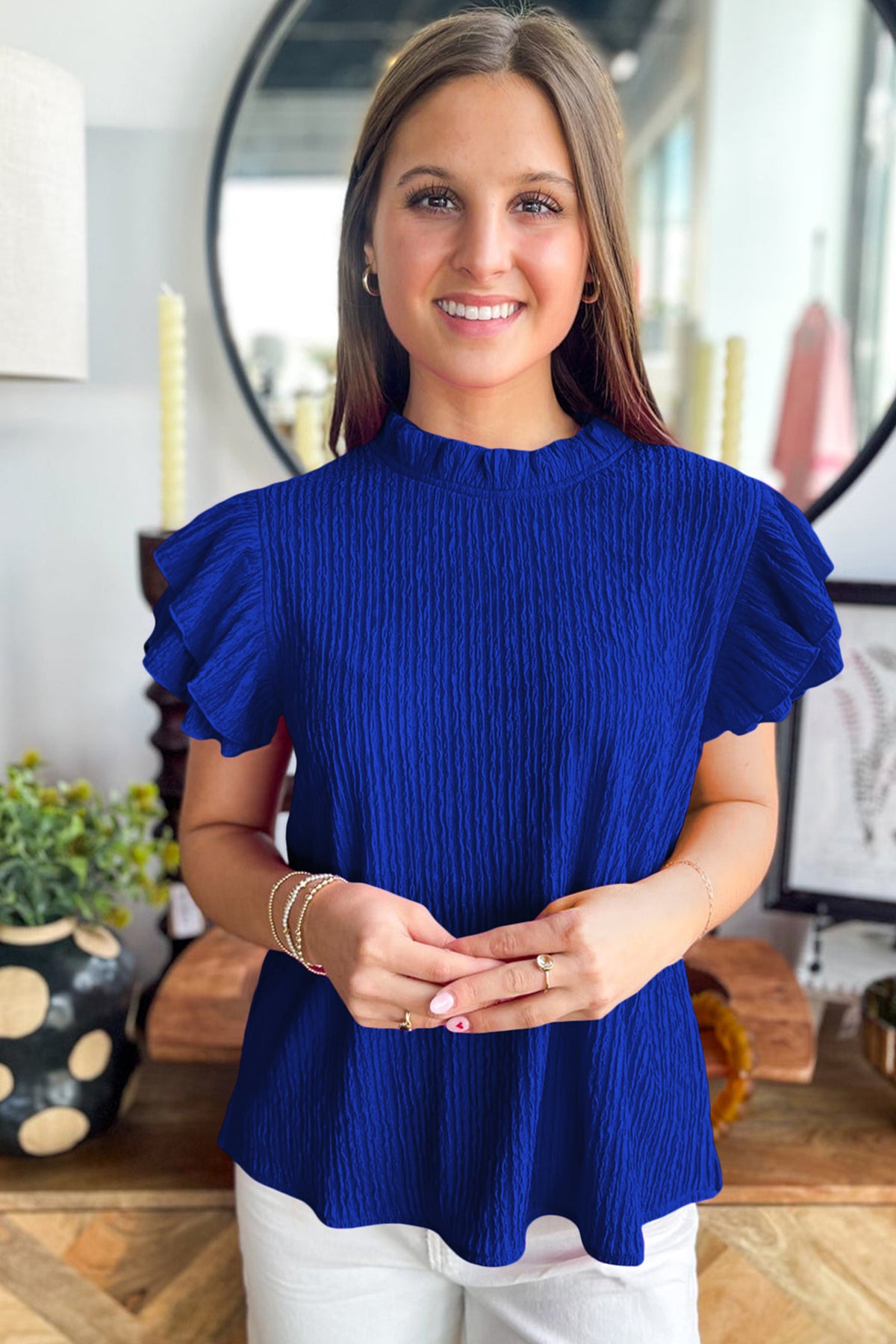 Dark Blue Solid Color Textured Ruffle Trim Short Sleeve Blouse