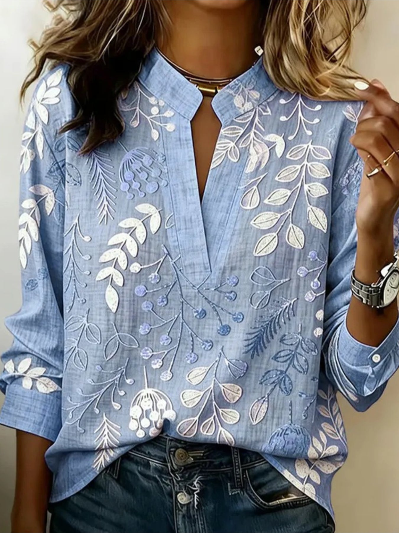 Vintage Floral Prints Stand Collar Casual Long Sleeve Blouse Shirt