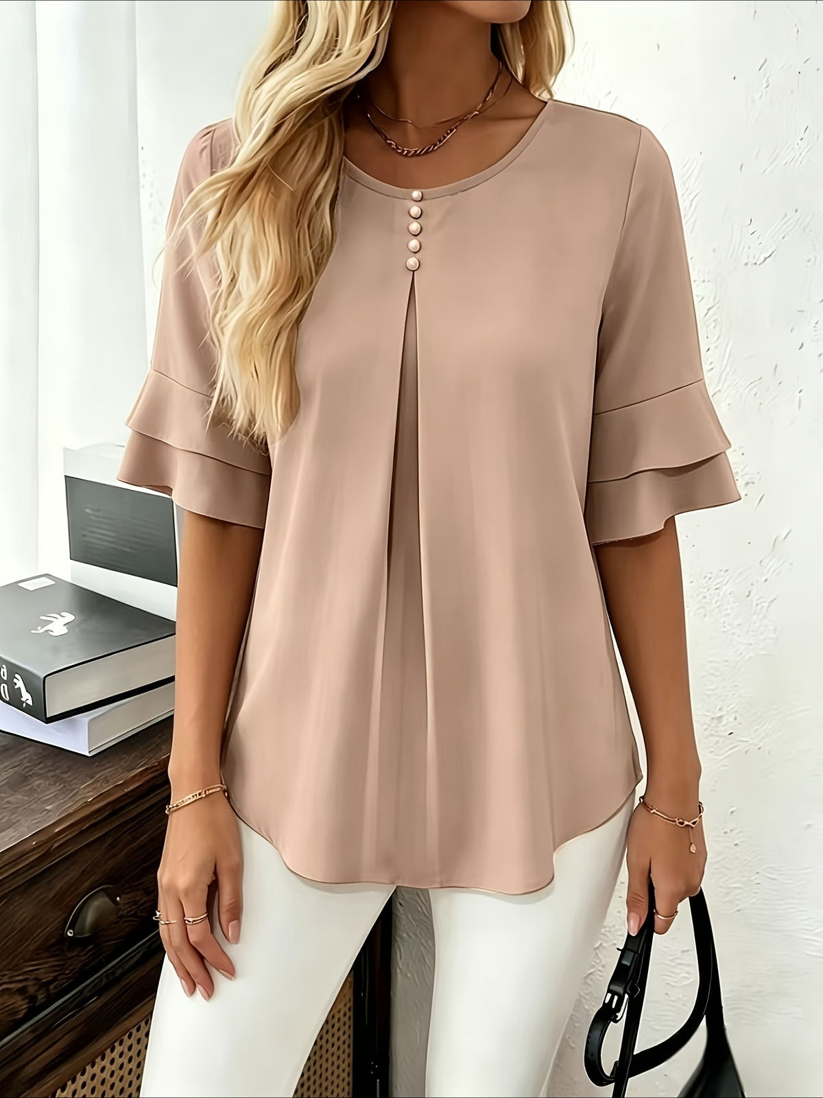Elegant Fashion Summer Loose Solid Round Neck Button-Up Shirt Flared Sleeve Ruffle Top