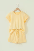 Yellow  Eyelet Lace Patchwork Sleeve Short 2pcs Outfit