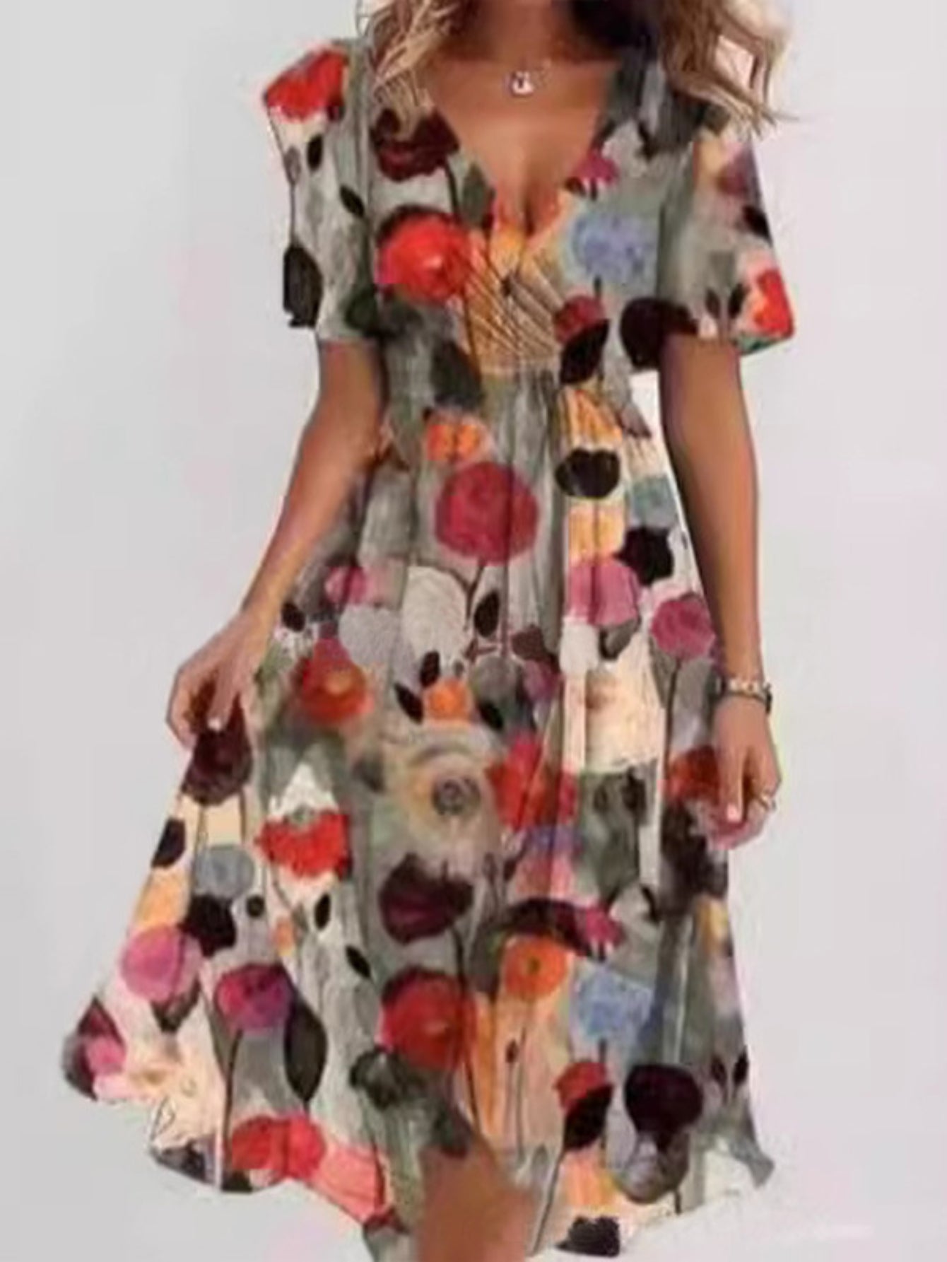 Short Sleeve V-Neck Floral Dress