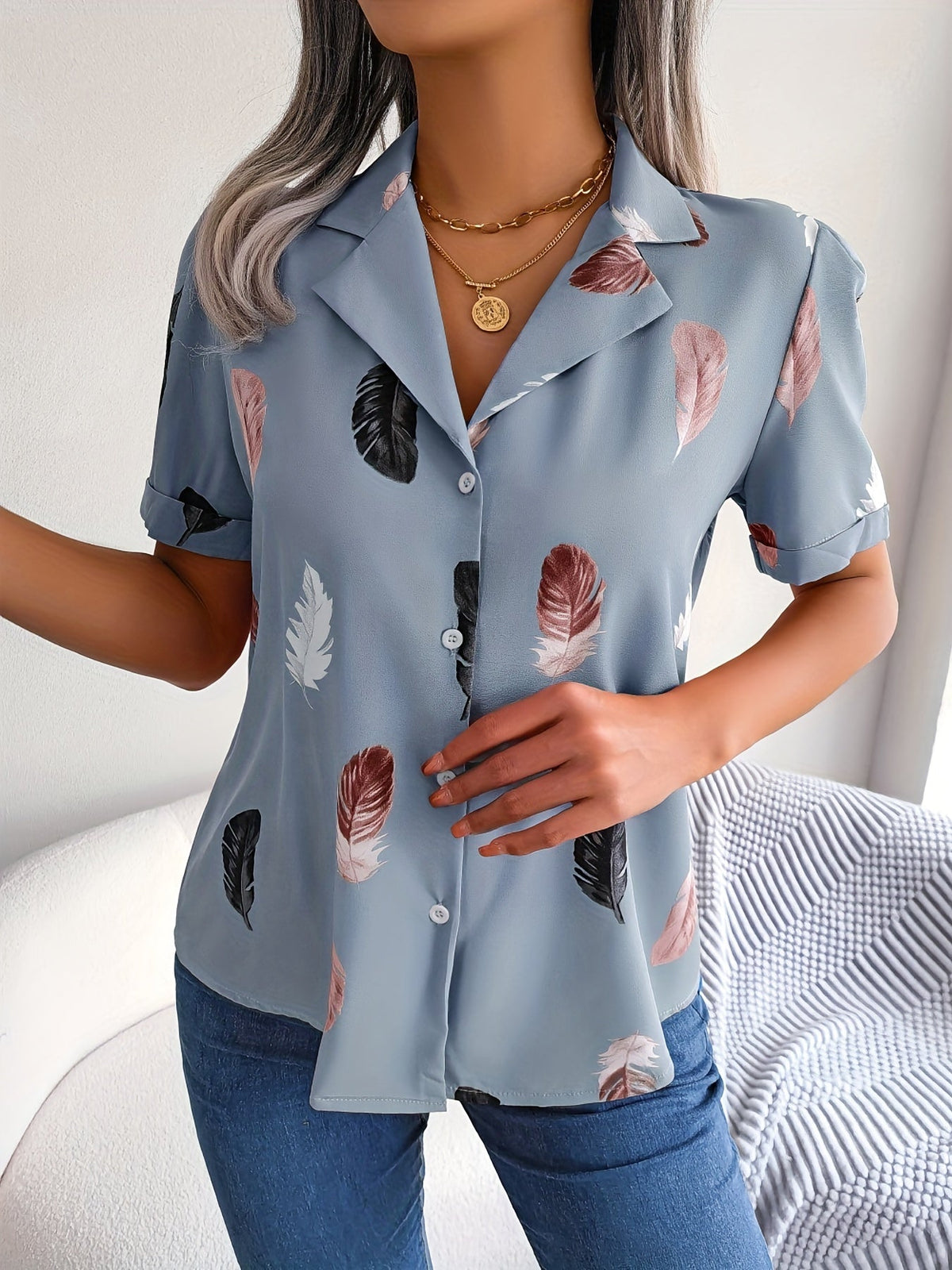 Feather Print Button Front Shirt, Casual Lapel Short Sleeve Shirt