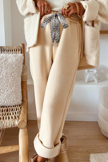 Oatmeal Fleece Lined Leopard Drawstring Elastic Waist Solid Pants