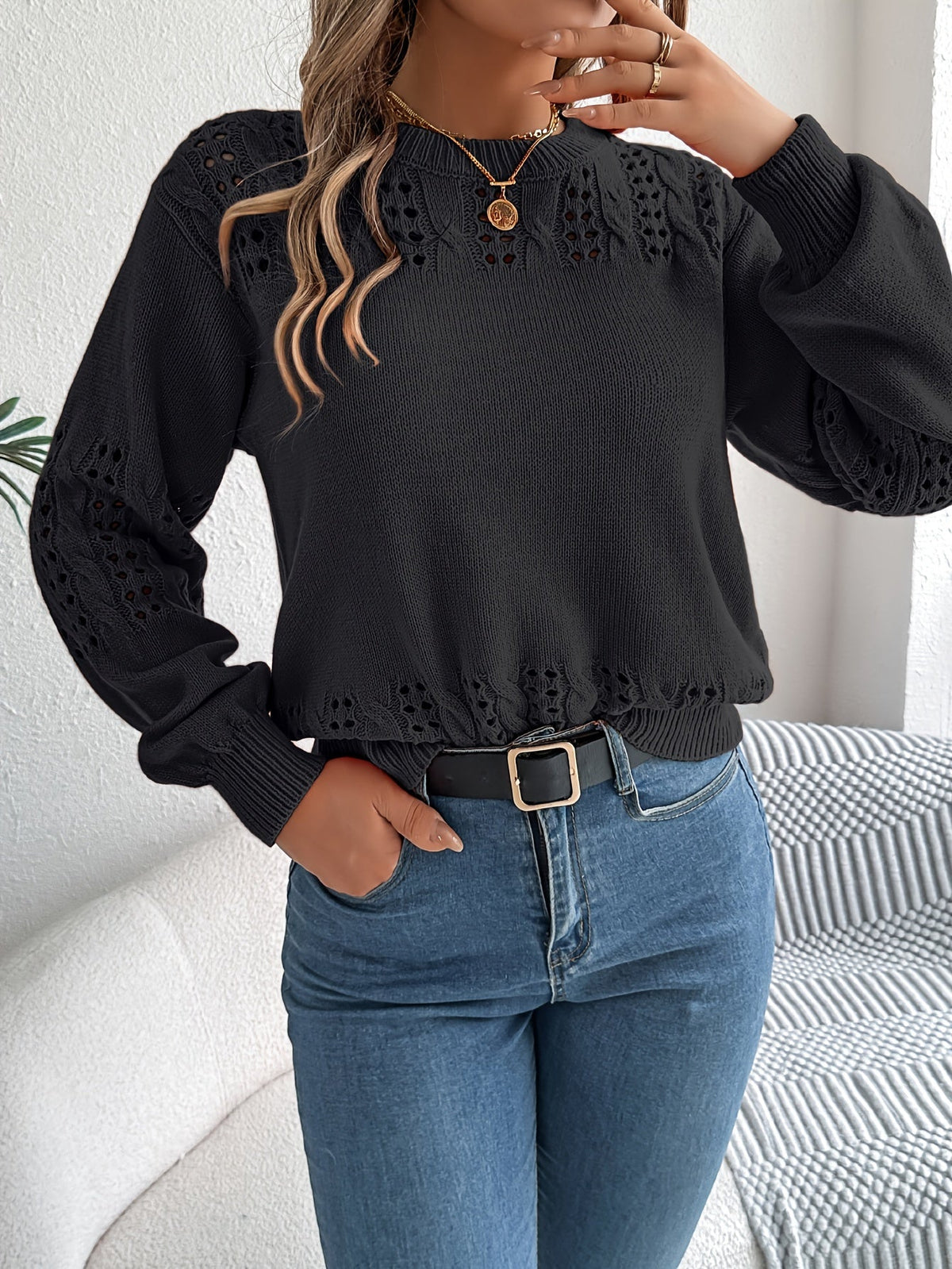 Pointelle Knit Solid Pullover Sweater, Casual Vacation Style Long Sleeve Crew Neck Sweater
