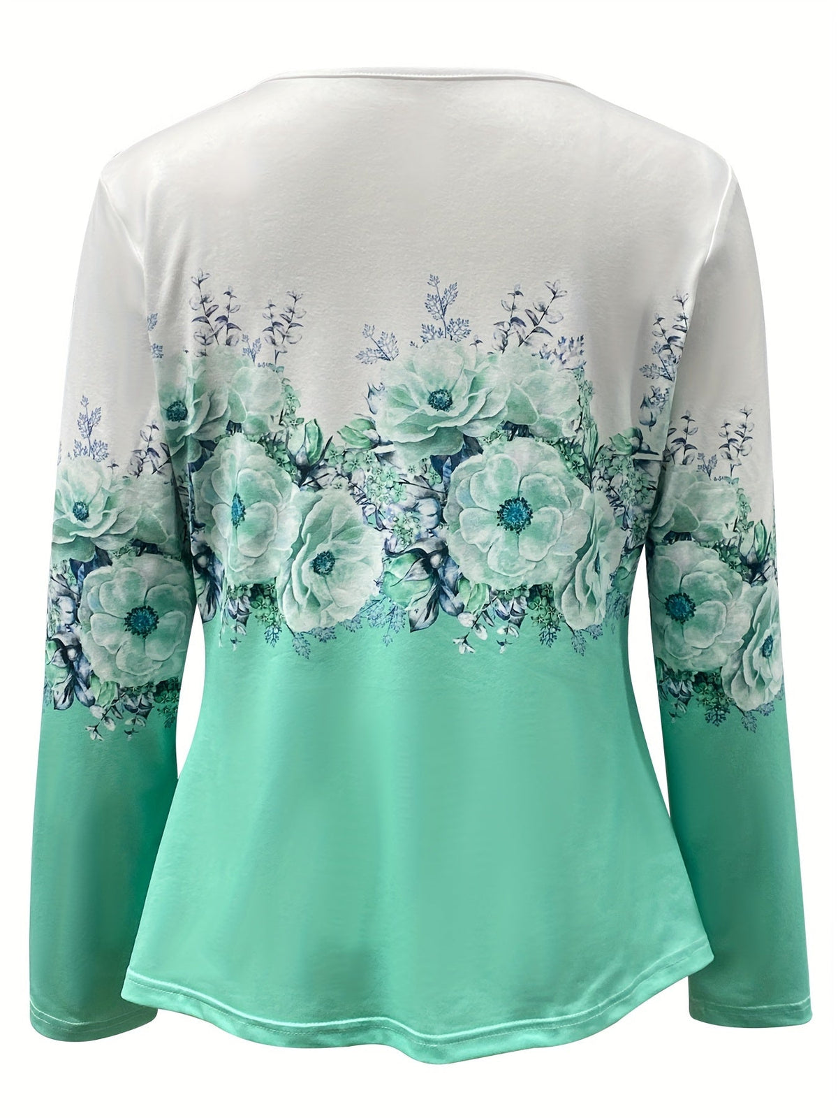 Floral Print Surplice Neck Button T-Shirt, Casual Long Sleeve T-Shirt