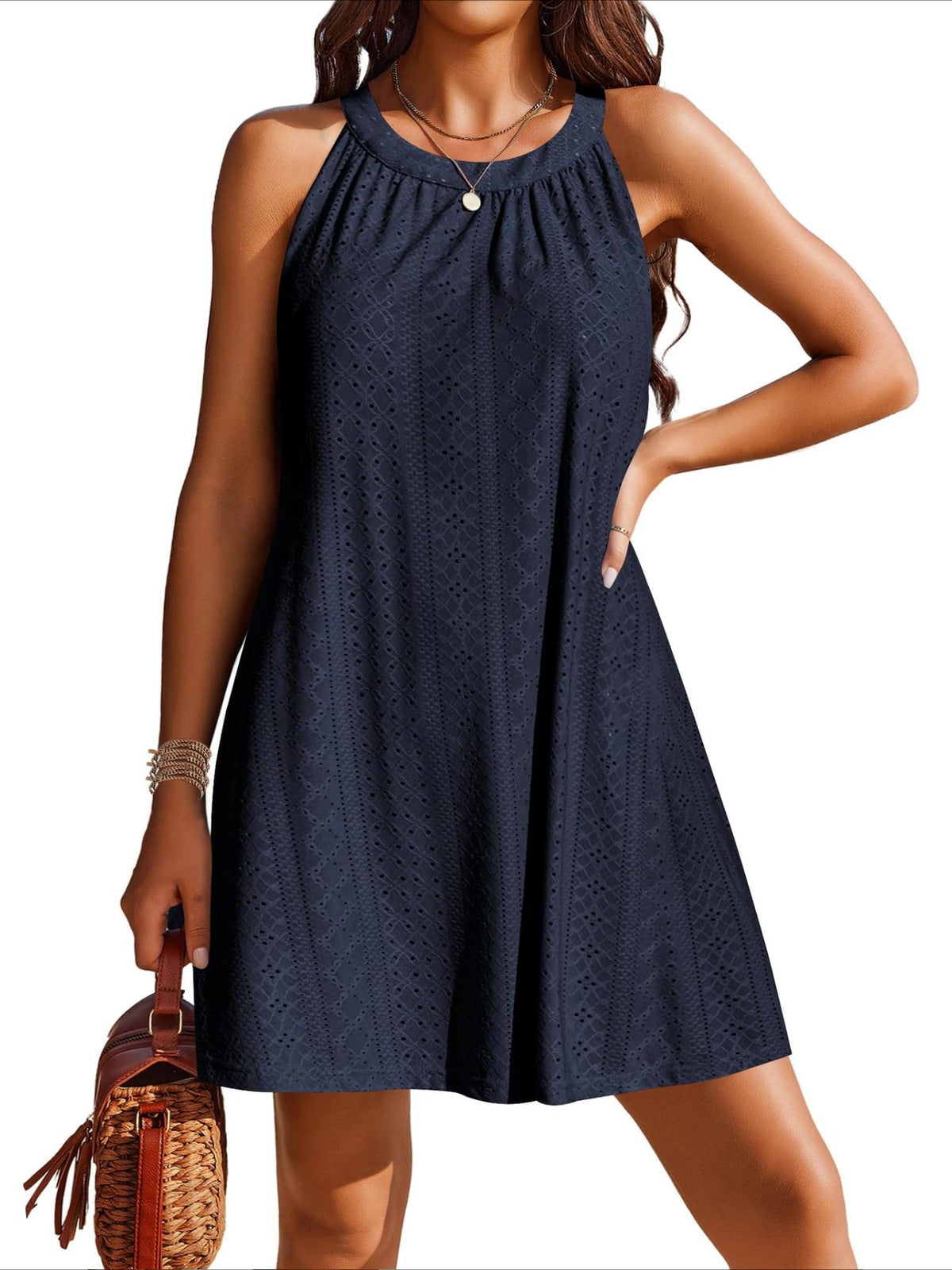Eyelet Embroidered Crew Neck Dress, Casual Sleeveless Dress