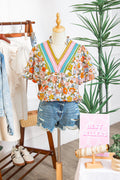 Multicolour Crochet V Neckline Puff Sleeve Boho Flower Blouse