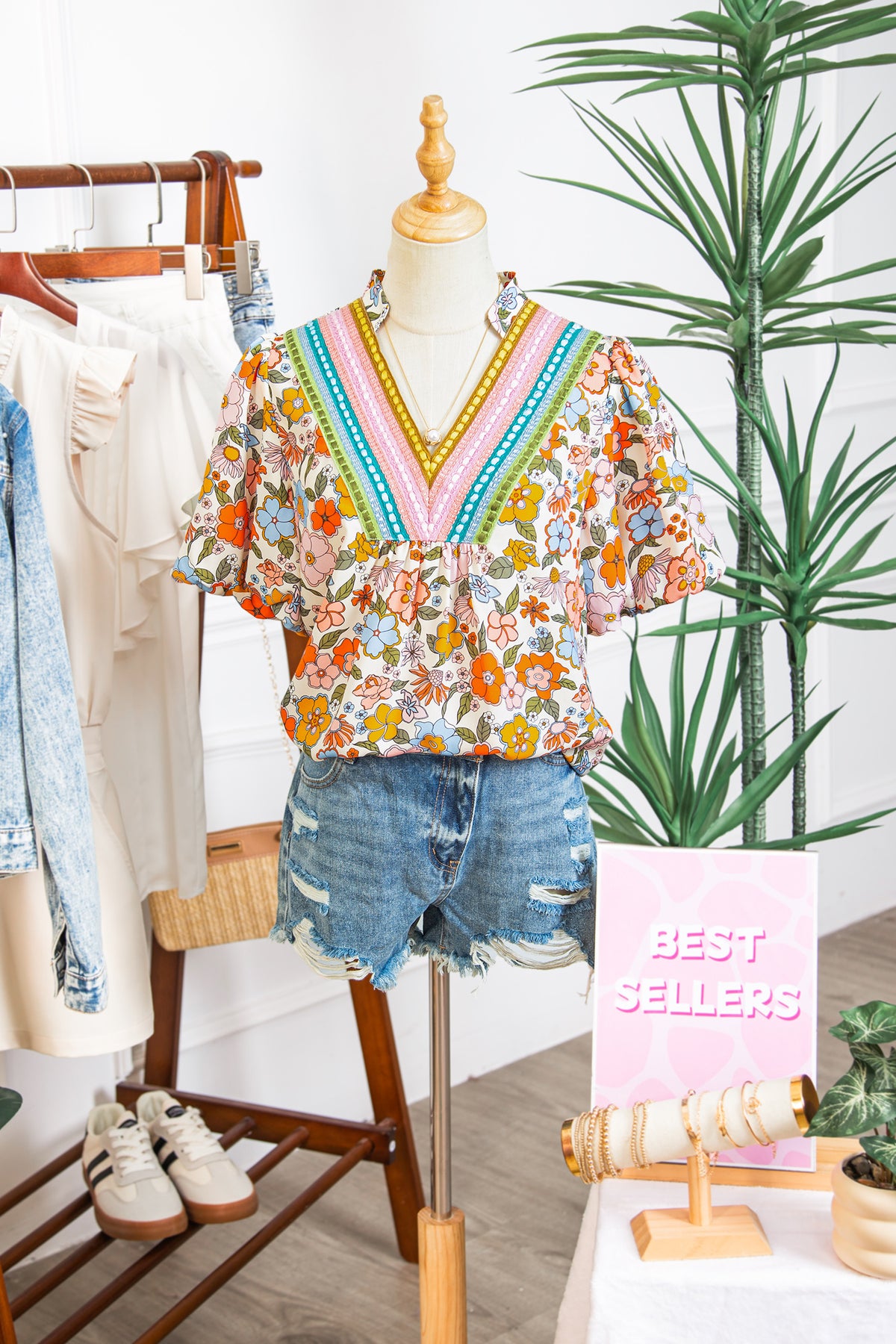 Multicolour Crochet V Neckline Puff Sleeve Boho Flower Blouse